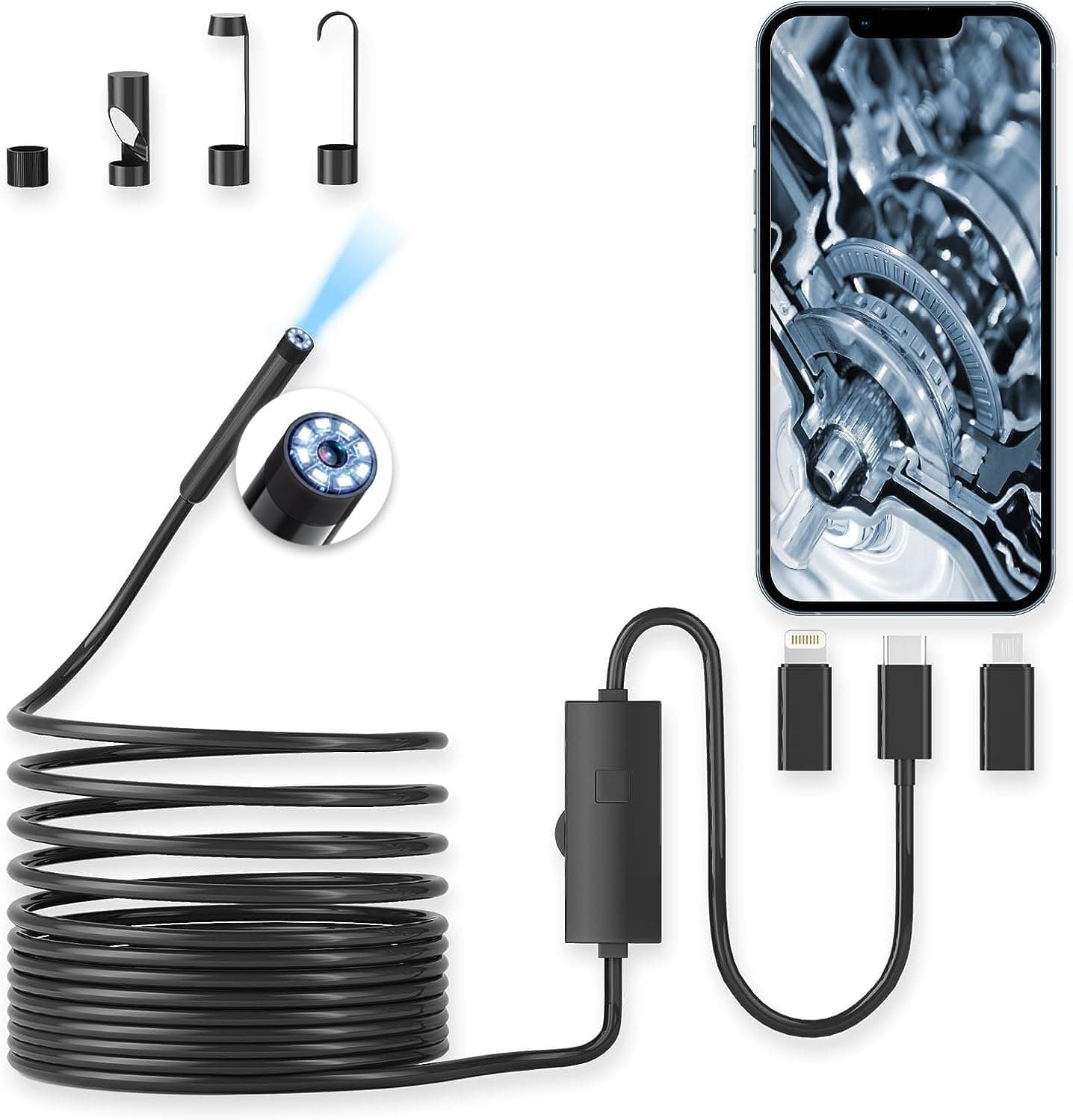 Endoscope Camera with Light, 1920P HD Borescope with 8 Adjustable LED Lights, 16.5ft Semi-Rigid Snake Cable, 7.9mm IP68 Waterproof Industrial Inspection Camera Compatible for Android, iPhone, iPad-1
