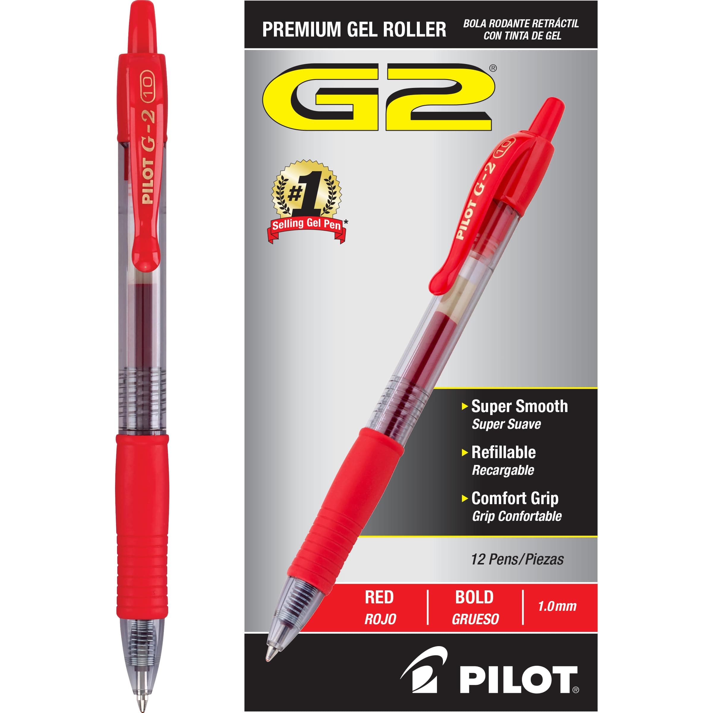 G2 Premium Refillable & Retractable Rolling Ball Gel Pens, Bold Point, Red Ink, 12-Pack (31258)