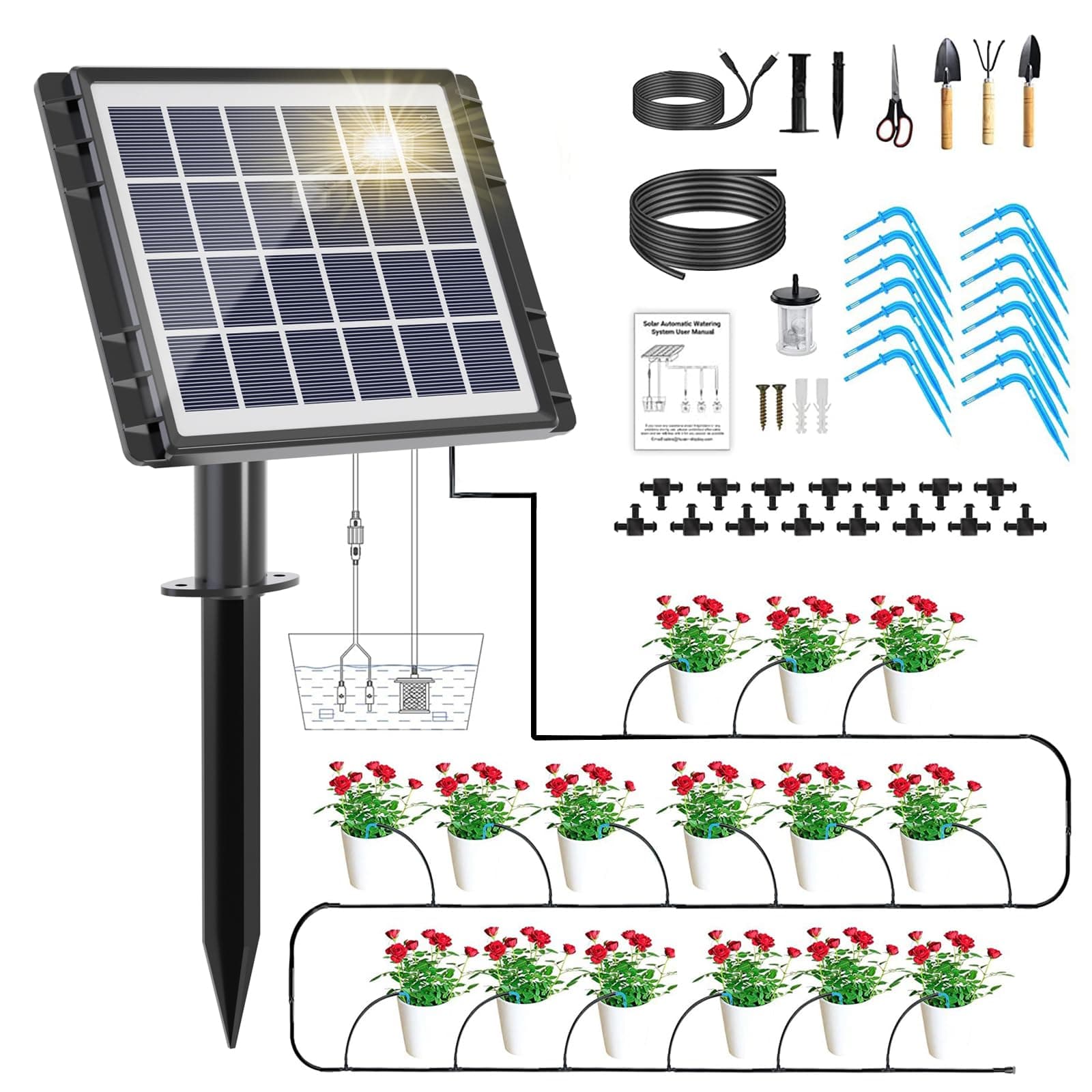 49FT Solar Drip Irrigation System, Auto Watering Kit for 15 Pots, Solar-Powered Plant Watering, 25 Timer Modes, 900ml/min Flow Indoor/Outdoor Garden, Balcony & Patio Irrigation System