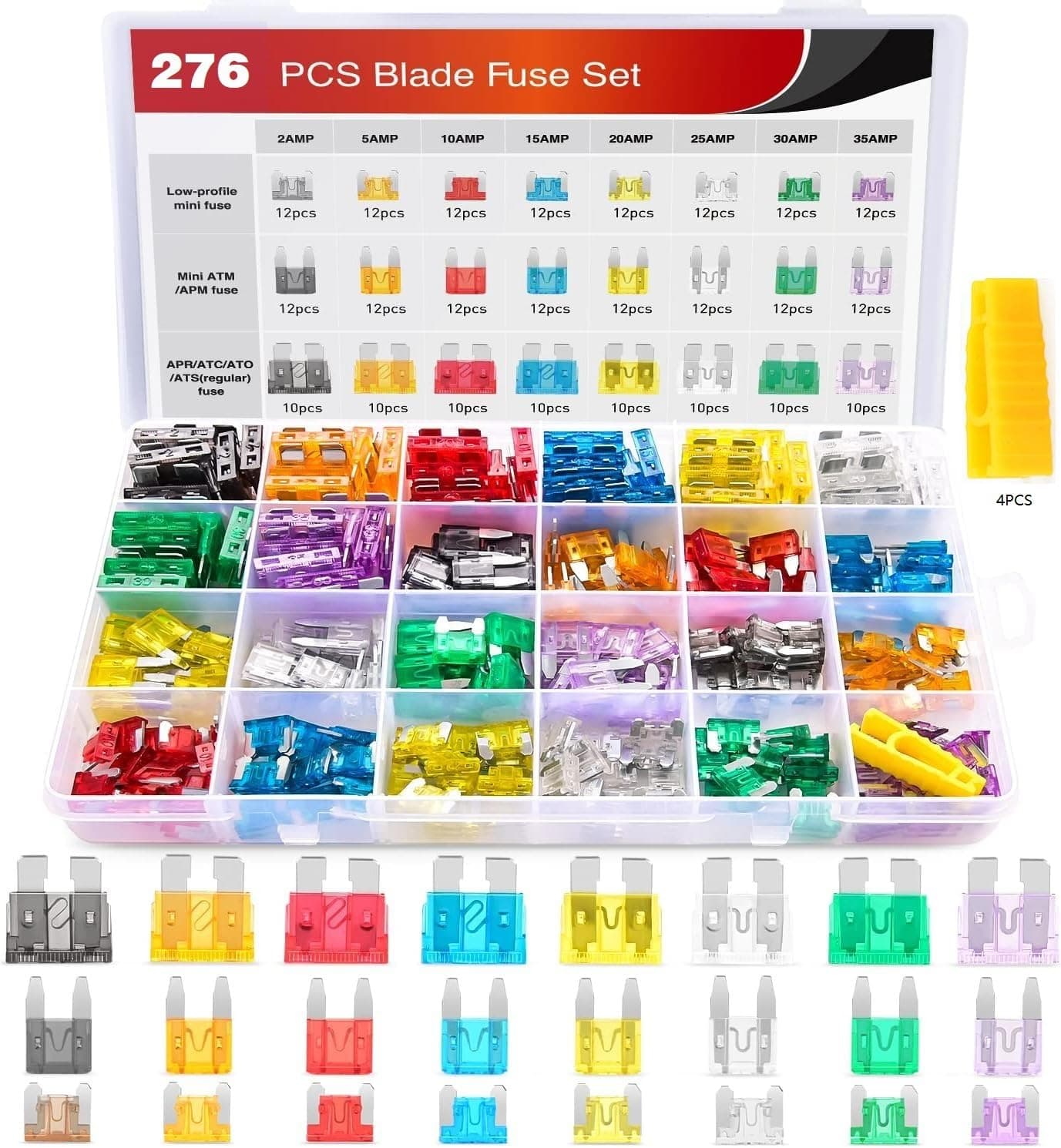 276 Pcs Standard & Mini & Low Profile Mini Blade Fuse Assortment, Standard& Mini& Low Profile Mini (2A/5A/10A/15A/20A/25A/30A/35A), Replacement Fuses for Car, RV, Truck, Motorcycle