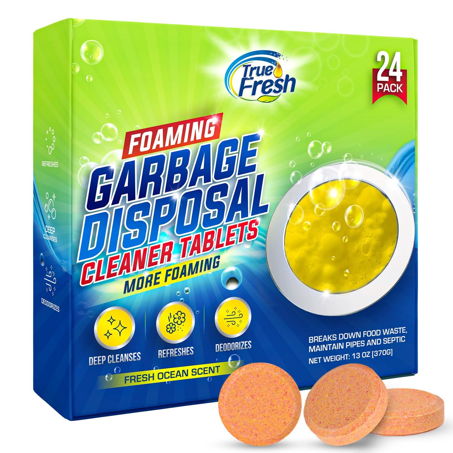 True Fresh Garbage Disposal Cleaner Tablets, Large 15g Drop-In Fresh Ocean Tablets, Deep Foaming Sink & Drain Cleaner for Buildup, Grease & Residue, Disposal Cleaner and Deodorizer, 24 Pack XL Value!