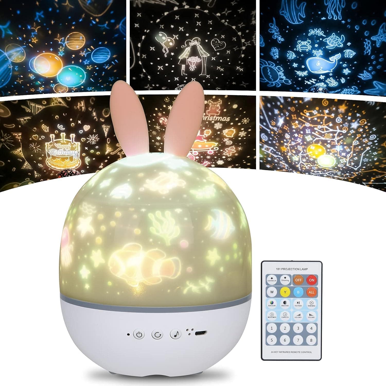Night Light Projector for Kids, Star Projector with Timer and Remote Control, USB Rechargeable Night Lamp 360°Rotatable, 4 Light Modes/6 Projection Theme/7 Brightness for Baby Children Toddler(Rabbit)