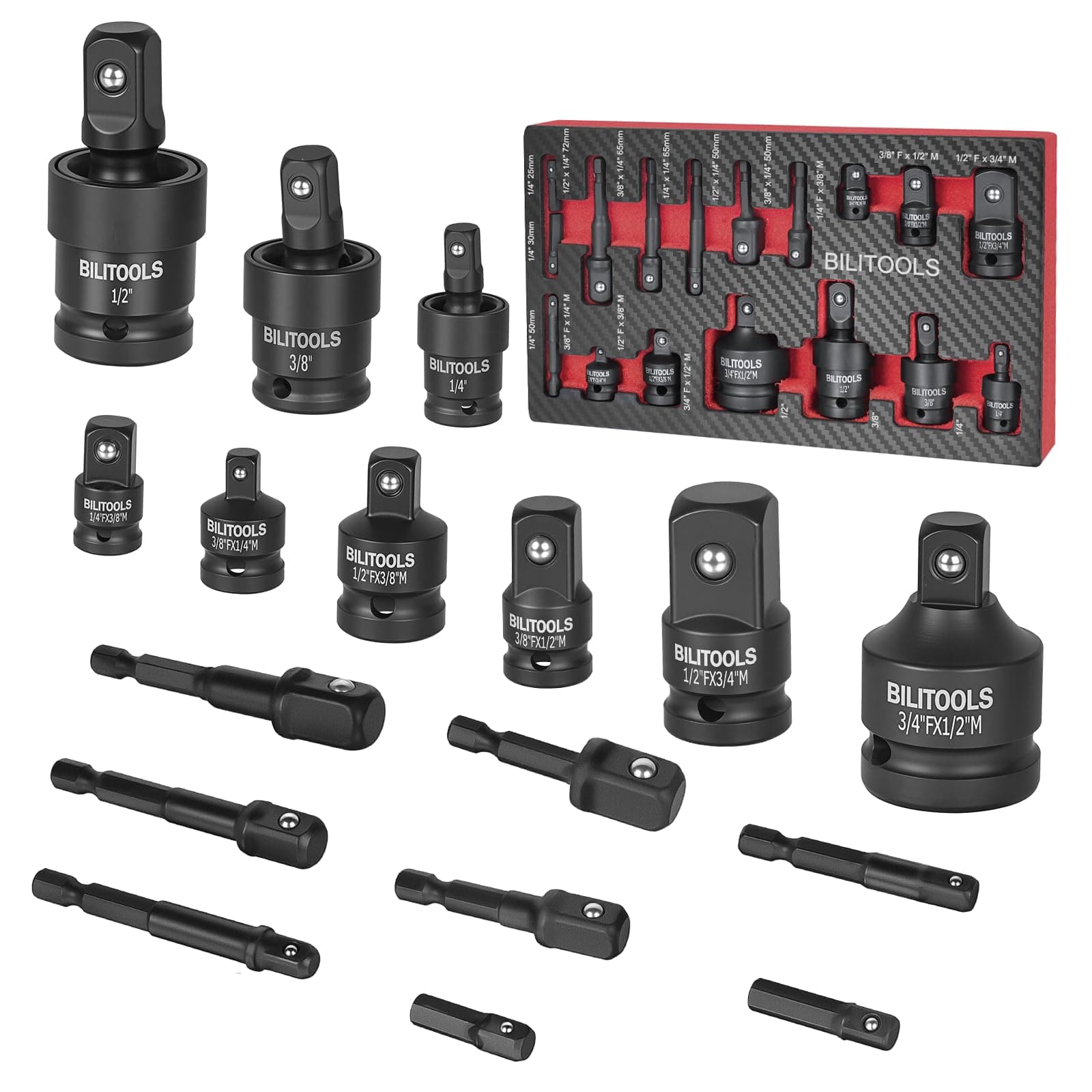 BILITOOLS Socket Adapter Set 17 Piece includes Reducer, Universal Joint Socket Set, Drill Adapter 1/4" 3/8" 1/2"