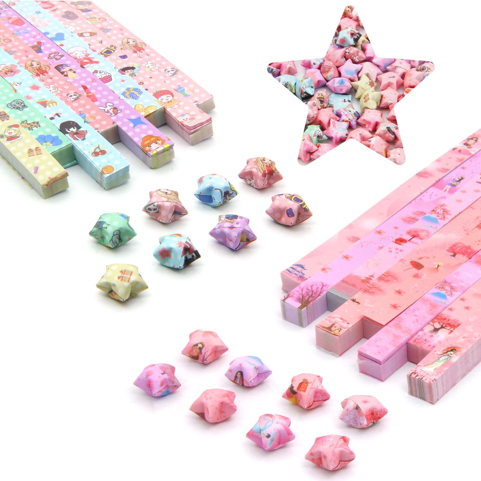 1120 Sheets Origami Star Paper Strips with 2 Different Designs of Cute Cartoon Origami for DIY Handcrafts