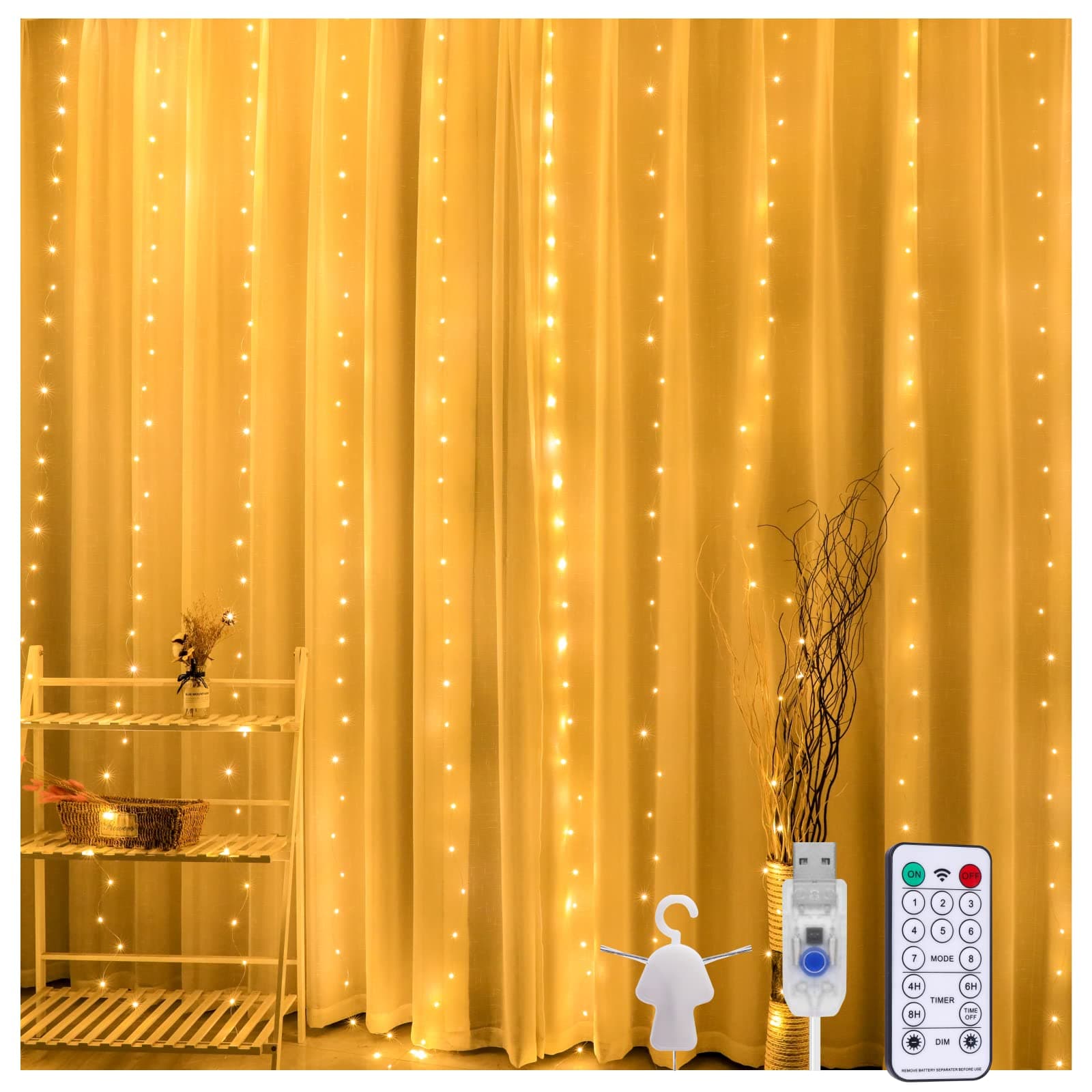 Baytion Curtain String Light,300 LED Lights Window Curtain Light USB 3x3Meters Fairy Lights with Remote Control,8 Lighting Modes Lights for,Bedroom,Party,Wedding Wall Decorations(USB Powered)