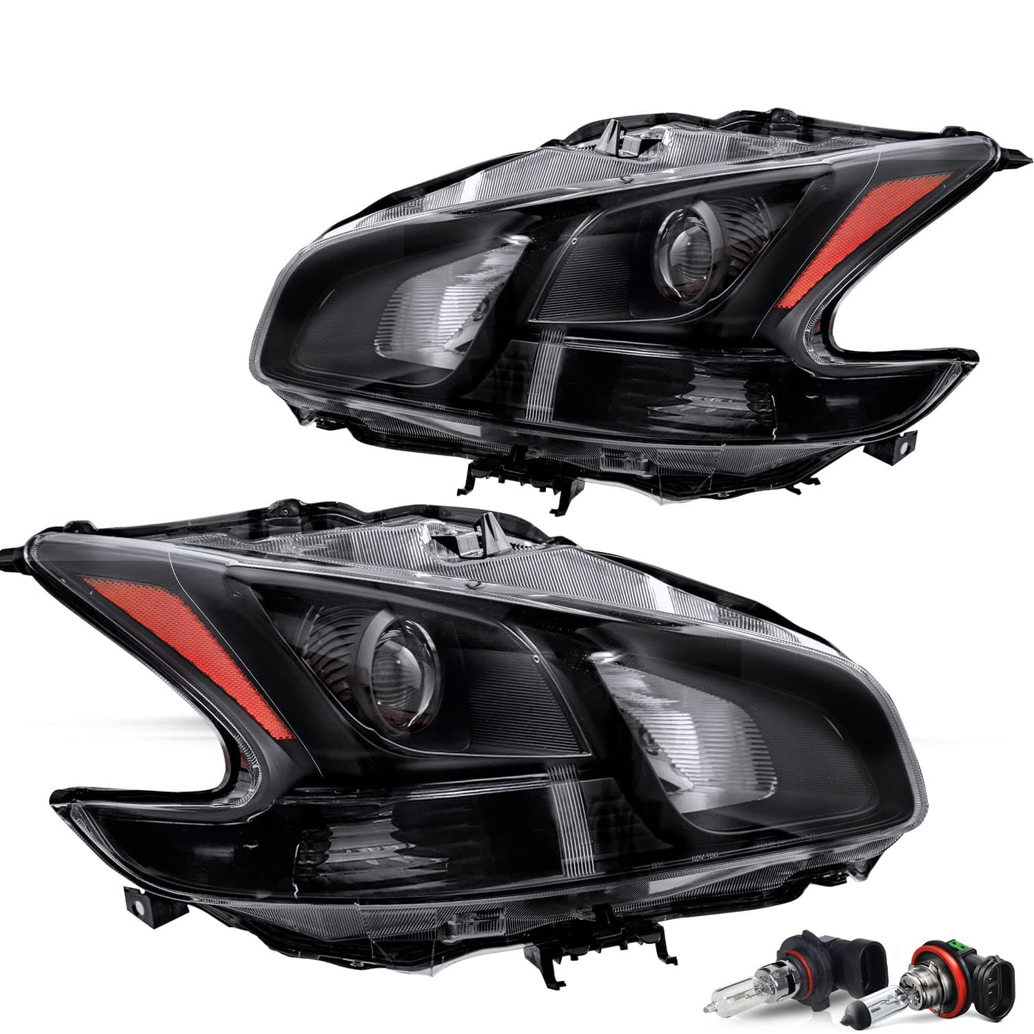 JSBOYAT Headlight Assembly Replacement for 2009-2014 Maxima 4-Door Sedan Halogen Projector Headlamp Driver and Passenger Side Black Housing with Amber Reflector (Bulbs Included)