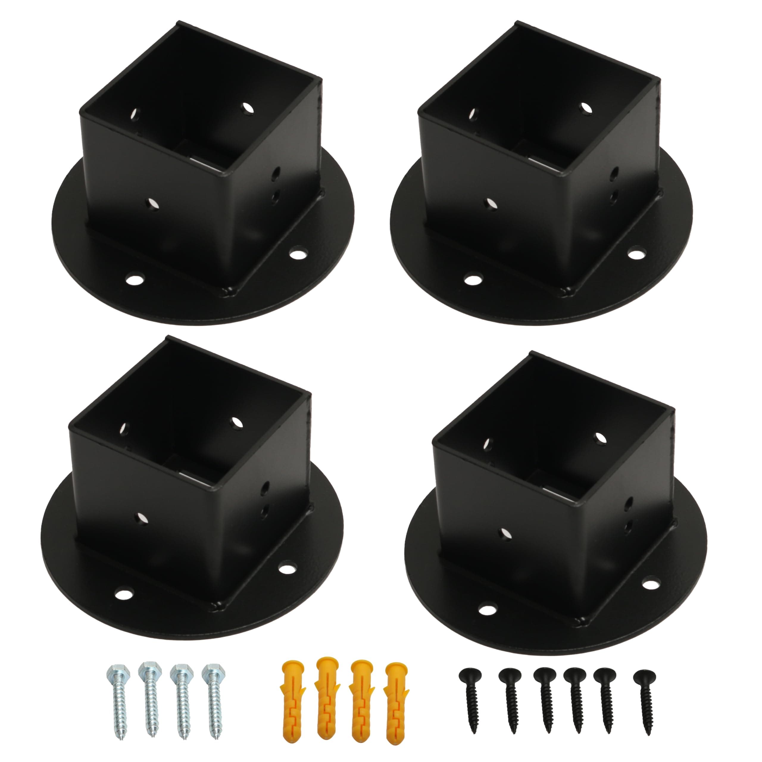4Pcs Square Floor Flange Post Base, 2" X 2" Fence Pole Base Kit, Wall Mount Post Anchor Base Brackets Heavy Duty Black, for Pergola Deck Railing Mailbox