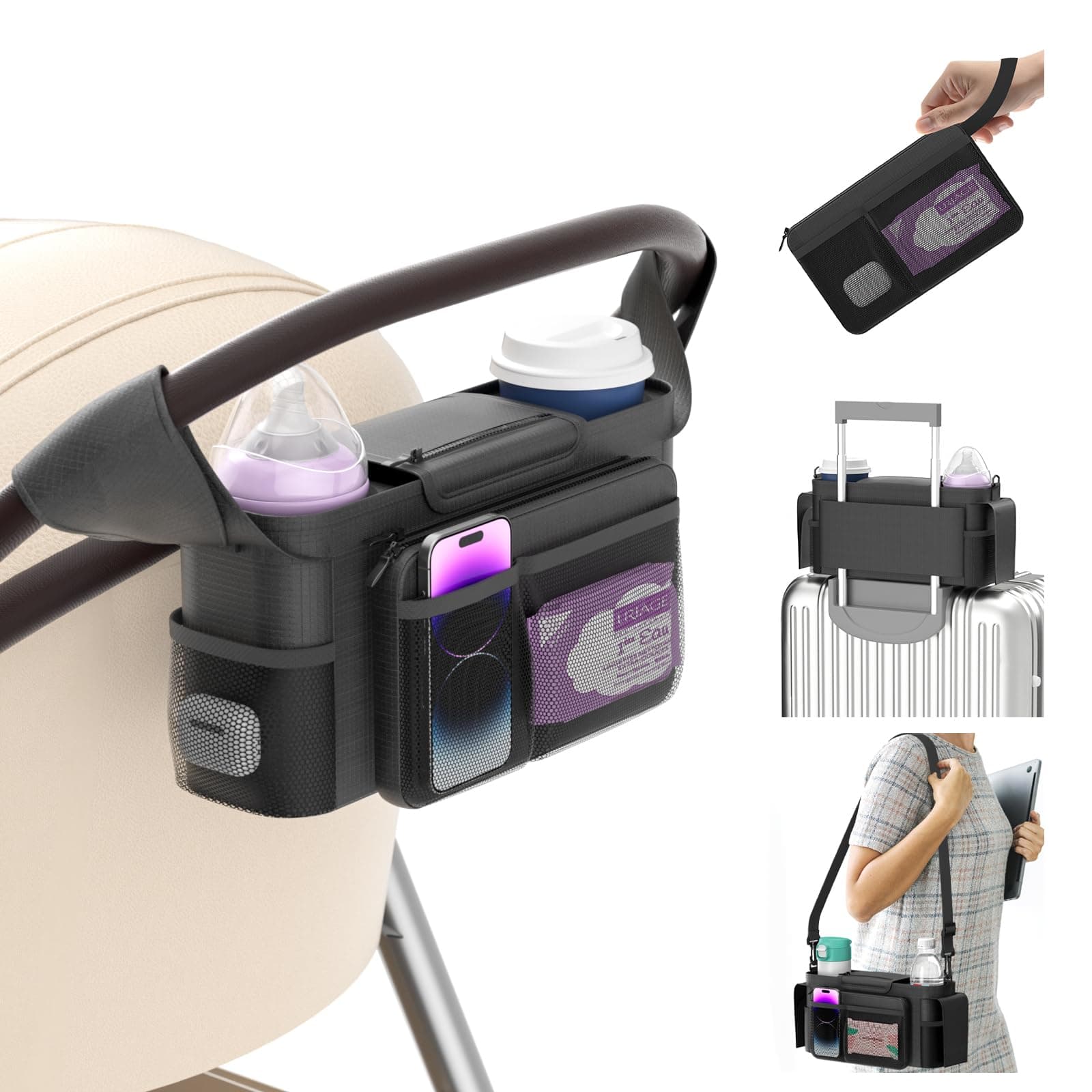 KDDUniversal Stroller Organizer, Multifunctional Stroller Storage Accessories with Insulated Cup Holder, 2 Phone Bag, Shoulder Strap, Card Bag and Detachable Wristlet Pocket Fits for Most Strollers