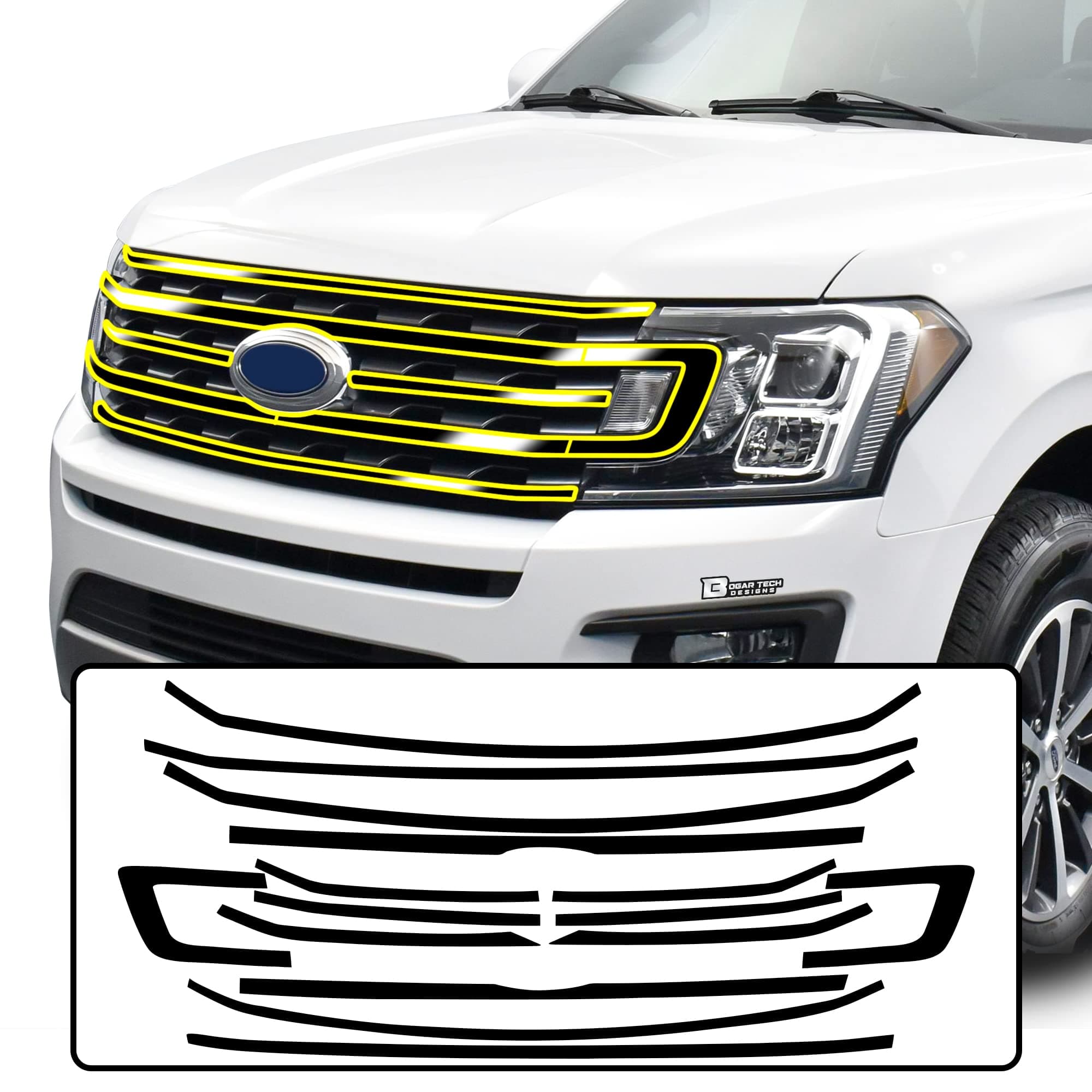 BOGAR TECH DESIGNS for Ford Expedition 2018-2021 Front Grille Chrome Delete – Precut Vinyl Overlay Kit, Gloss Black Blackout Trim