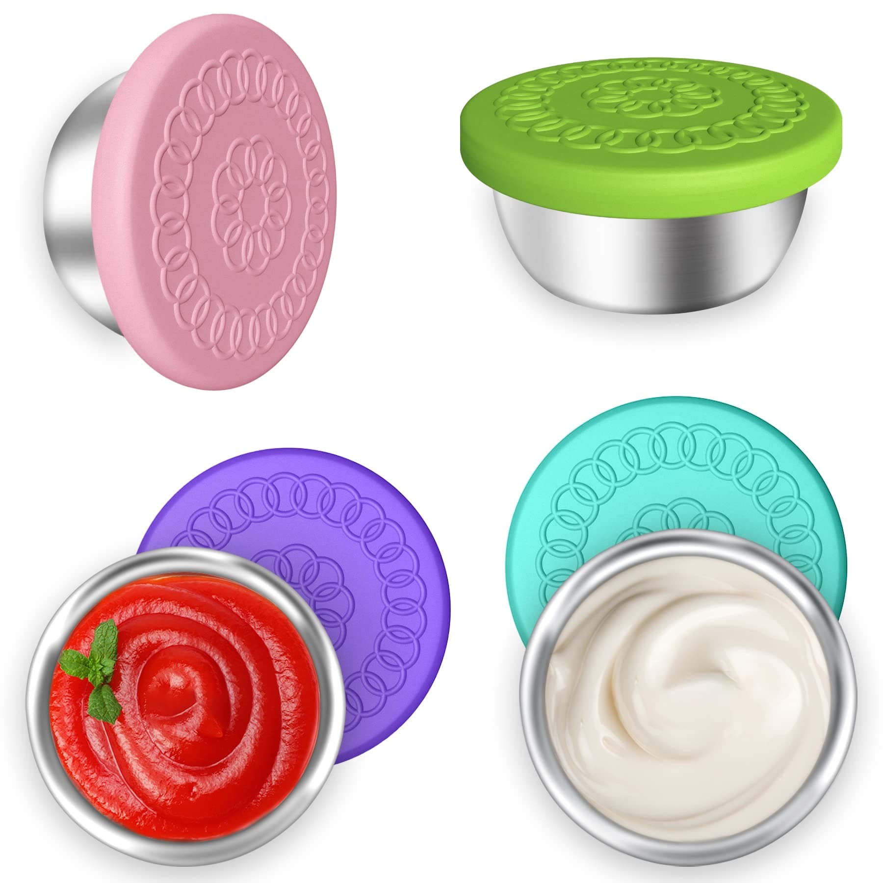 4Pack 1.6oz Small Condiment Containers with Lids, Salad Dressing Container To Go, Reusable Stainless Steel Sauce Containers for Lunch Bento Box, Leakproof Dipping Sauce Cups for Picnic and Travel