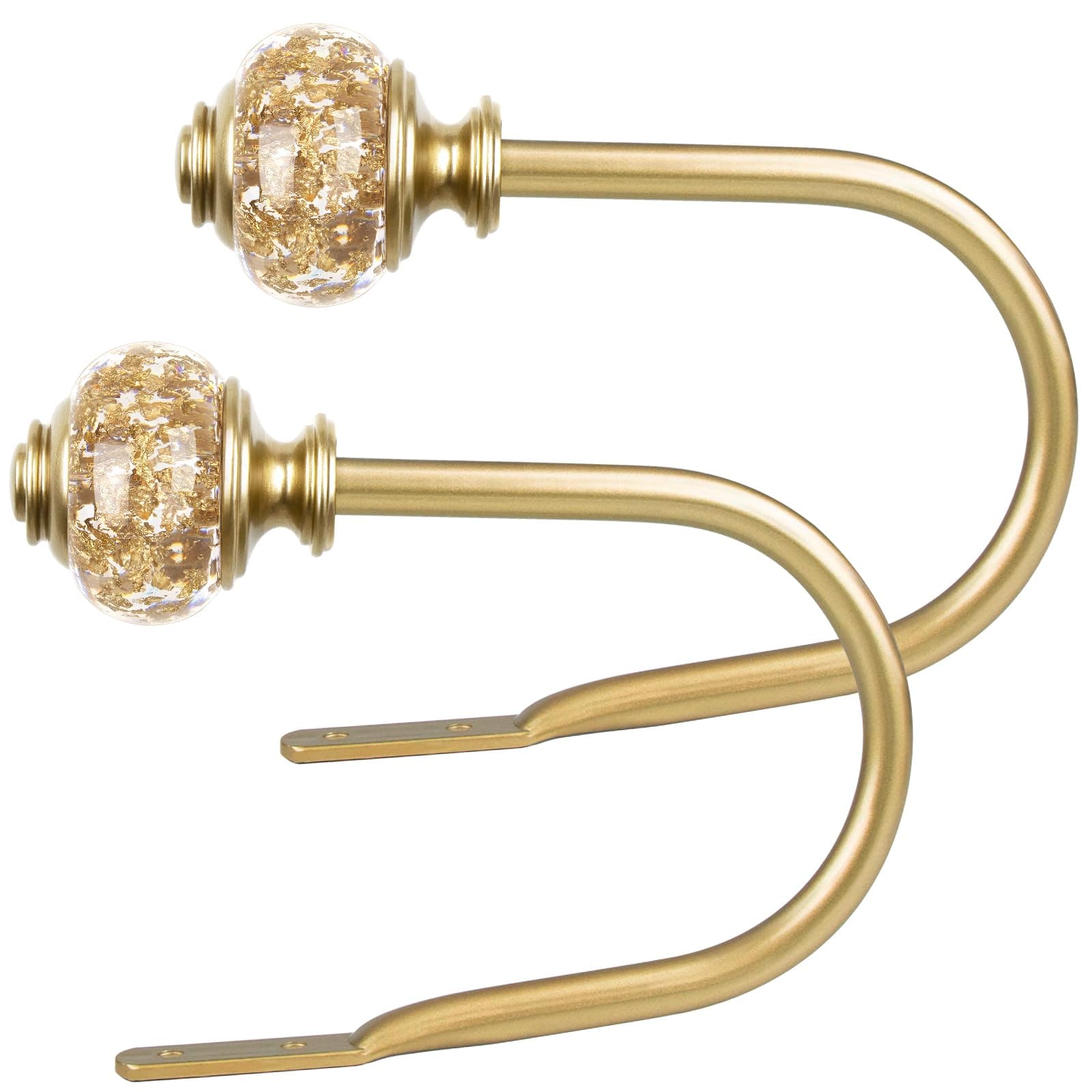 2 Pack Gold Curtain Holdbacks, USFOOK Decorative Drapery Tiebacks (2 Pack/1 Pair), Curtain Tie Back Hooks for Wall with Translucent Finials (6.1" L x 4.1" W)