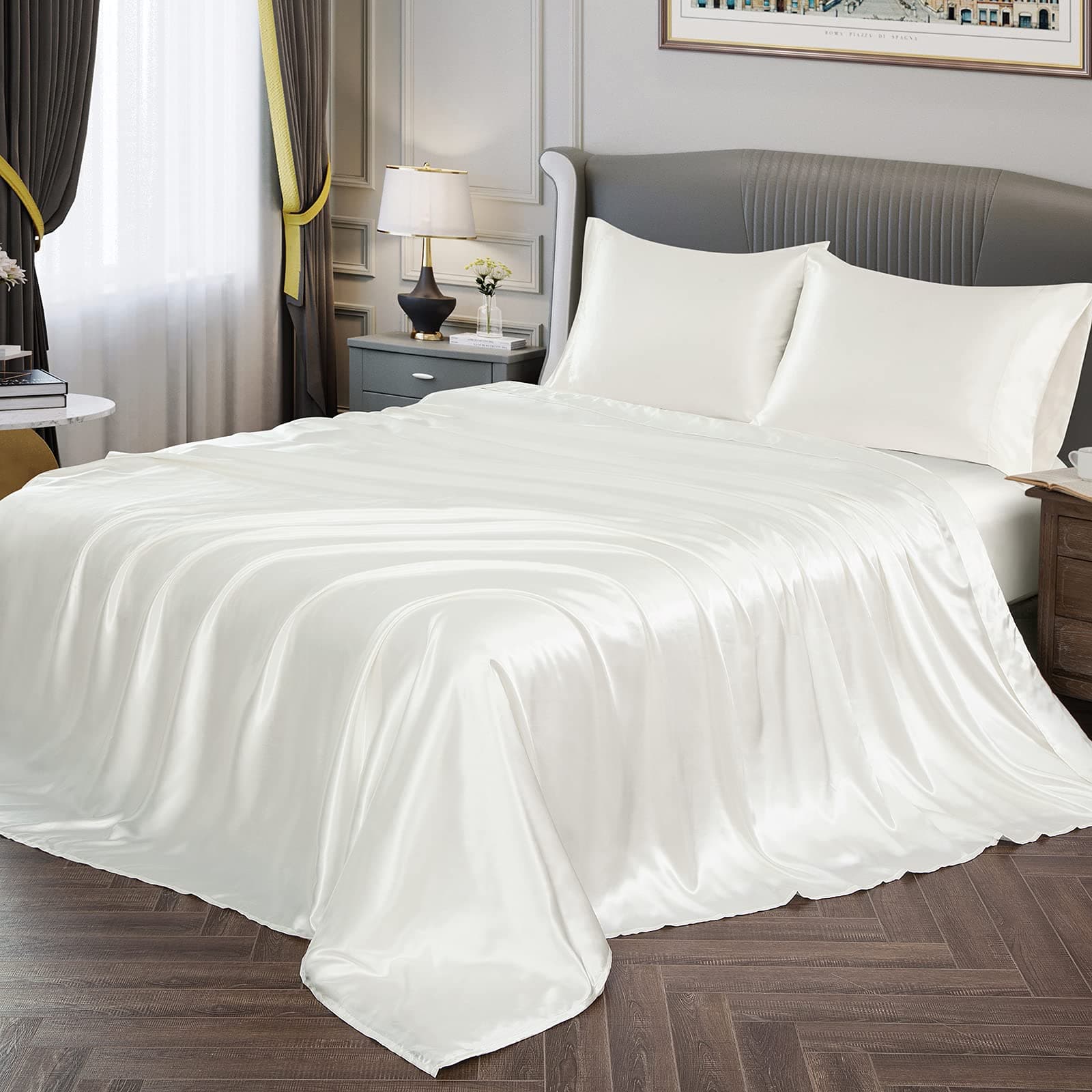 Vonty Satin Sheets King Size Silky Soft Satin Bed Sheets Ivory White Sheet Set, 1 Deep Pocket Fitted Sheet + 1 Flat Sheet + 2 Pillowcases