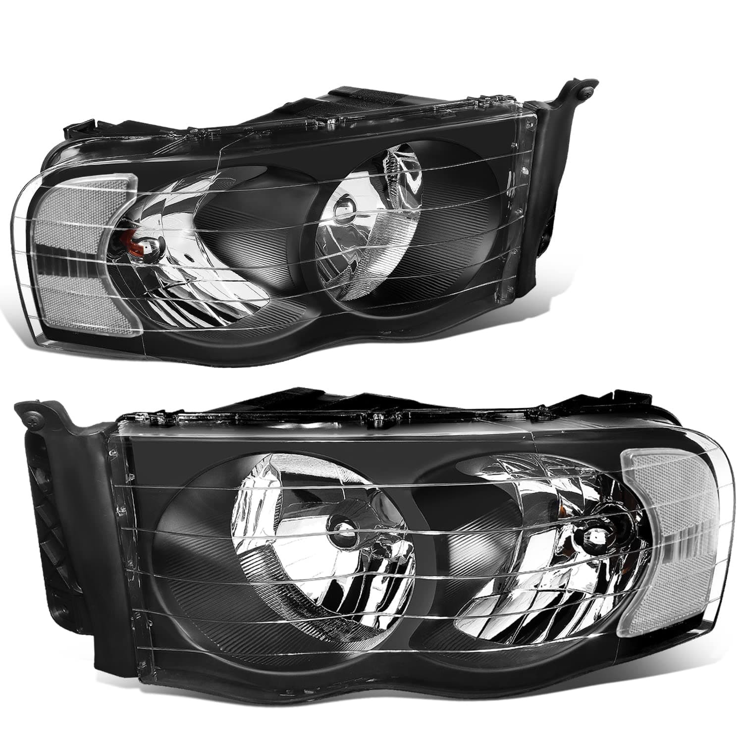 Pair Headlights Compatible with 02-05 Dodge Ram 1500 2500 3500, Left & Right, Black Housing Clear Corner, HL-OH-DR02-BK-CL1