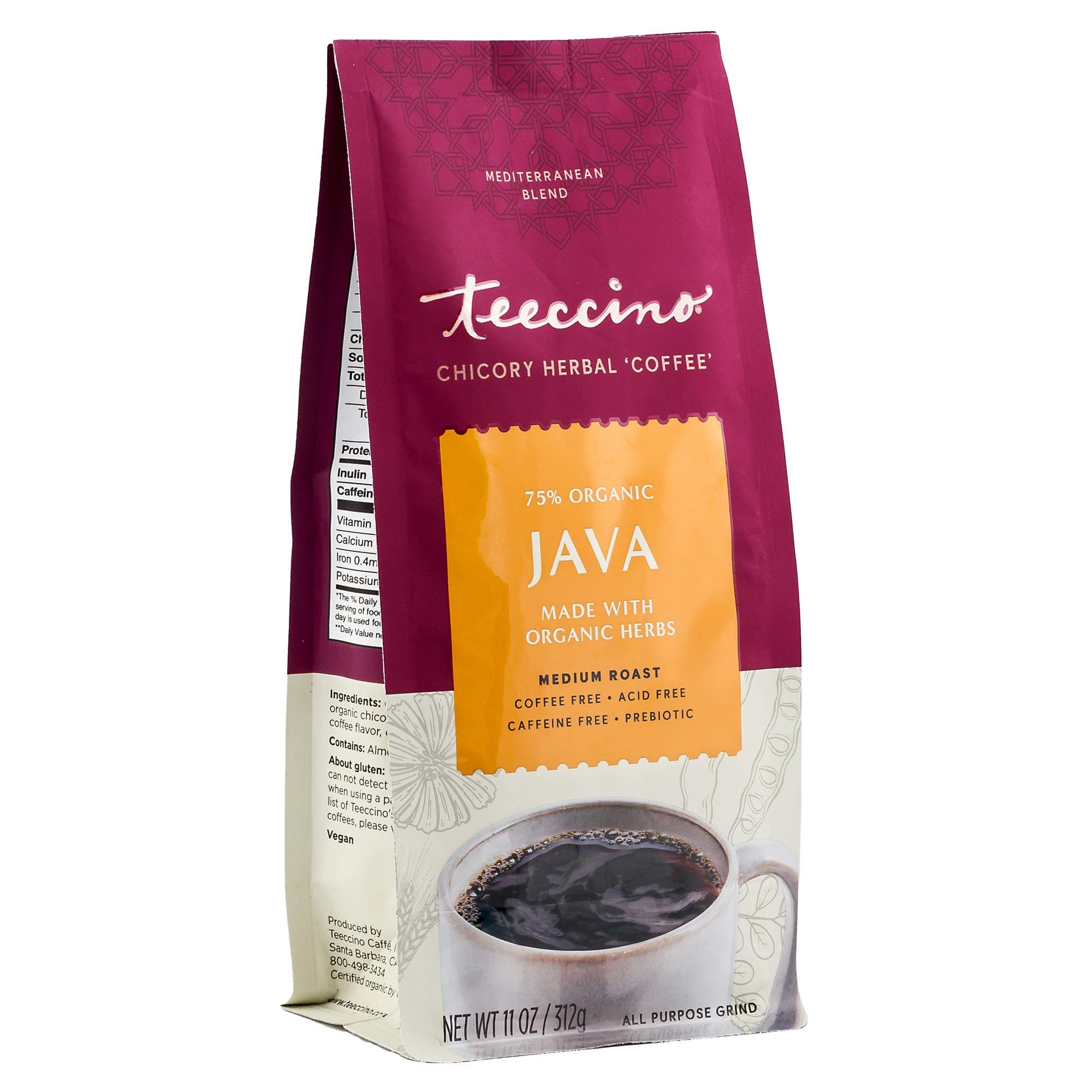 Teeccino Java Chicory Herbal Coffee Alternative, Caffeine-free, Acid-free, Coffee Substitute, Prebiotic, 11oz