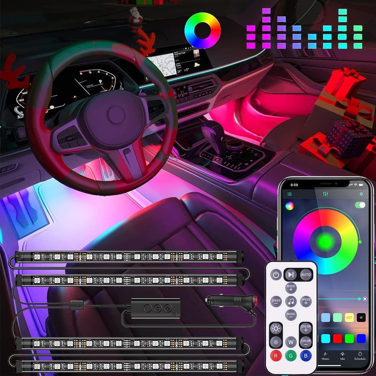 Interior Car Lights, Led Lights for Car Accessories, Christmas Stocking Stuffers for Men Women Teen Girls, RGB Car Interior LED Lights with App Remote, 2 Lines Design LED Lights for Cars with Charger