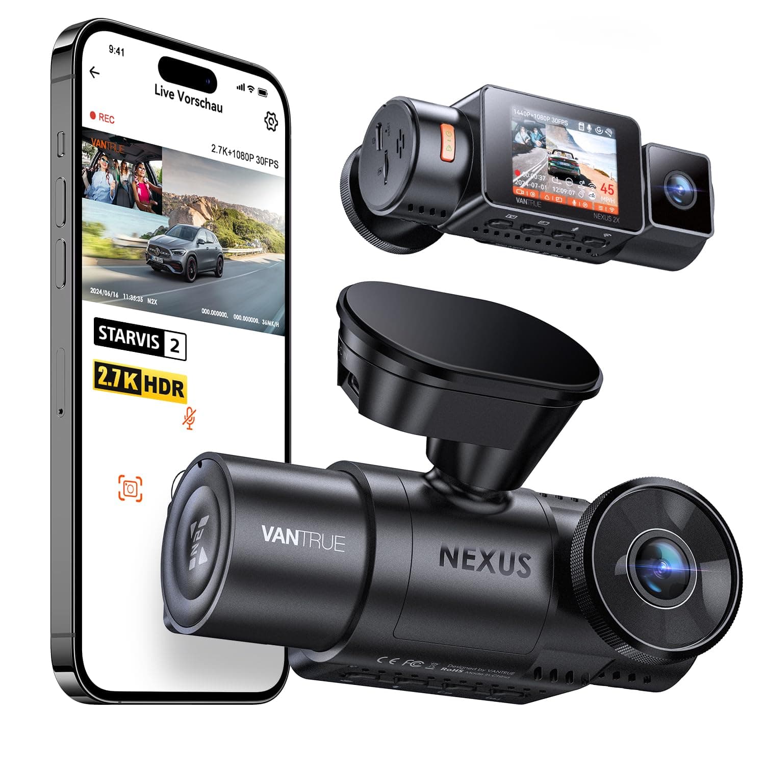 N2X Dash Cam Front Inside 2.7K+1080P Dual HDR, STARVIS 2, 2.5K/60FPS, 5G WiFi, GPS, Night Vision, Voice Control, Car Dash Cam G-Sensor, Dashcam for Car 24/7 Parking Mode, Support 512GB