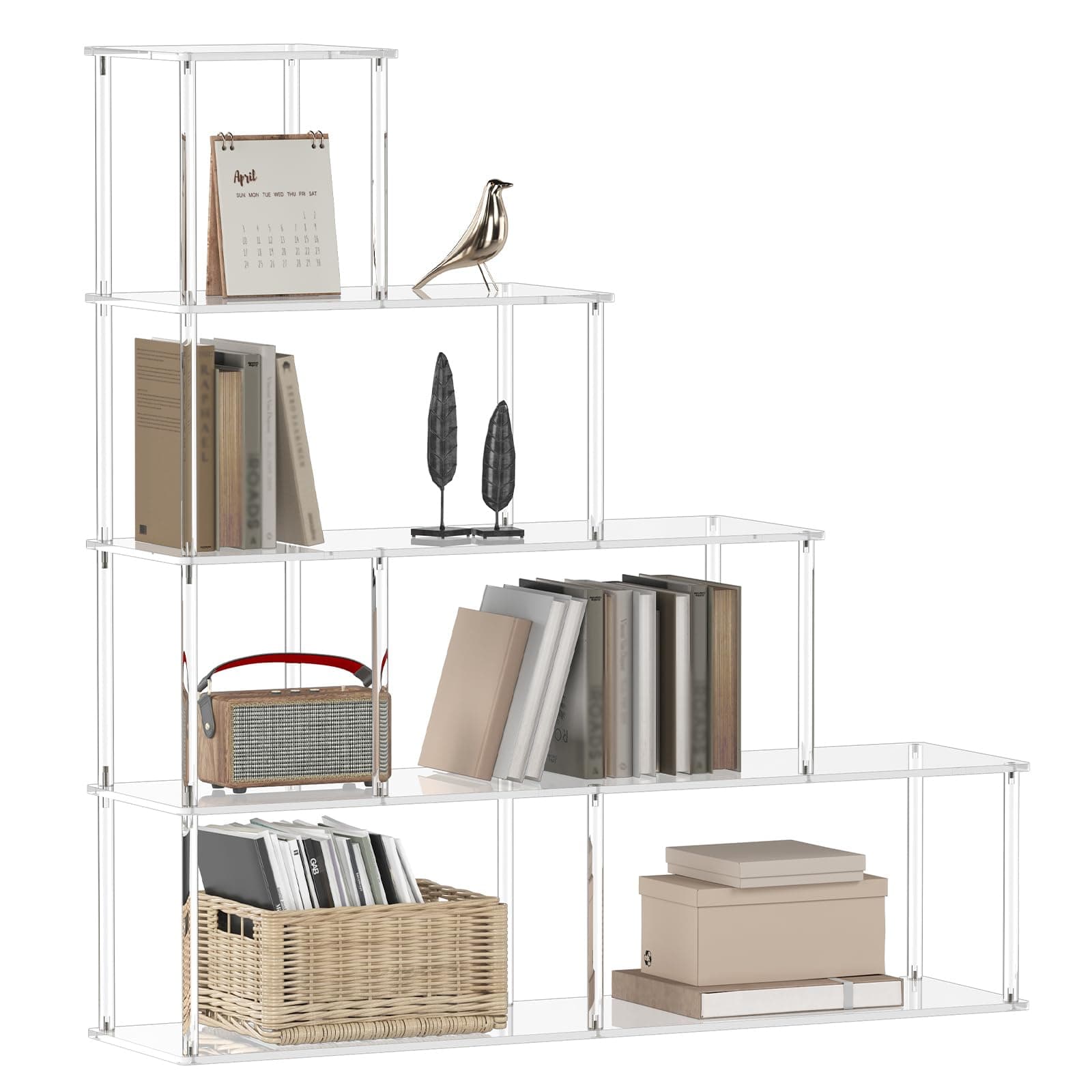 5-Tier Acrylic Stepped Bookshelf with 6 Cube, Modern Bookcase, Clear Open Book Shelf for Home Office, Living Room, Bedroom, 11.8" D x 47.2" W x 49.2" H