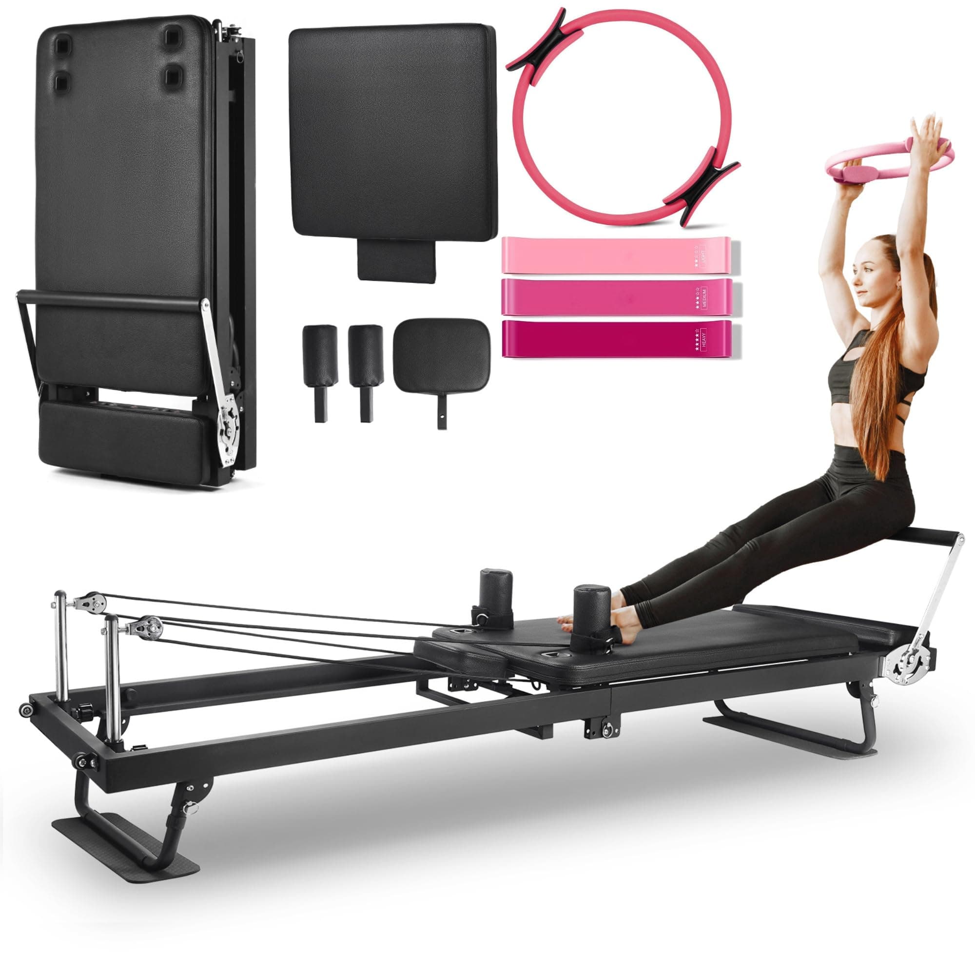 91" Extended Foldable Pilates Reformer with Pilates Ring Circle & Headrest, Jumpboard, High-Resistance Springs and Springboard Pilates Equipment for Home Workouts up to 500 lbs Weight Capacity