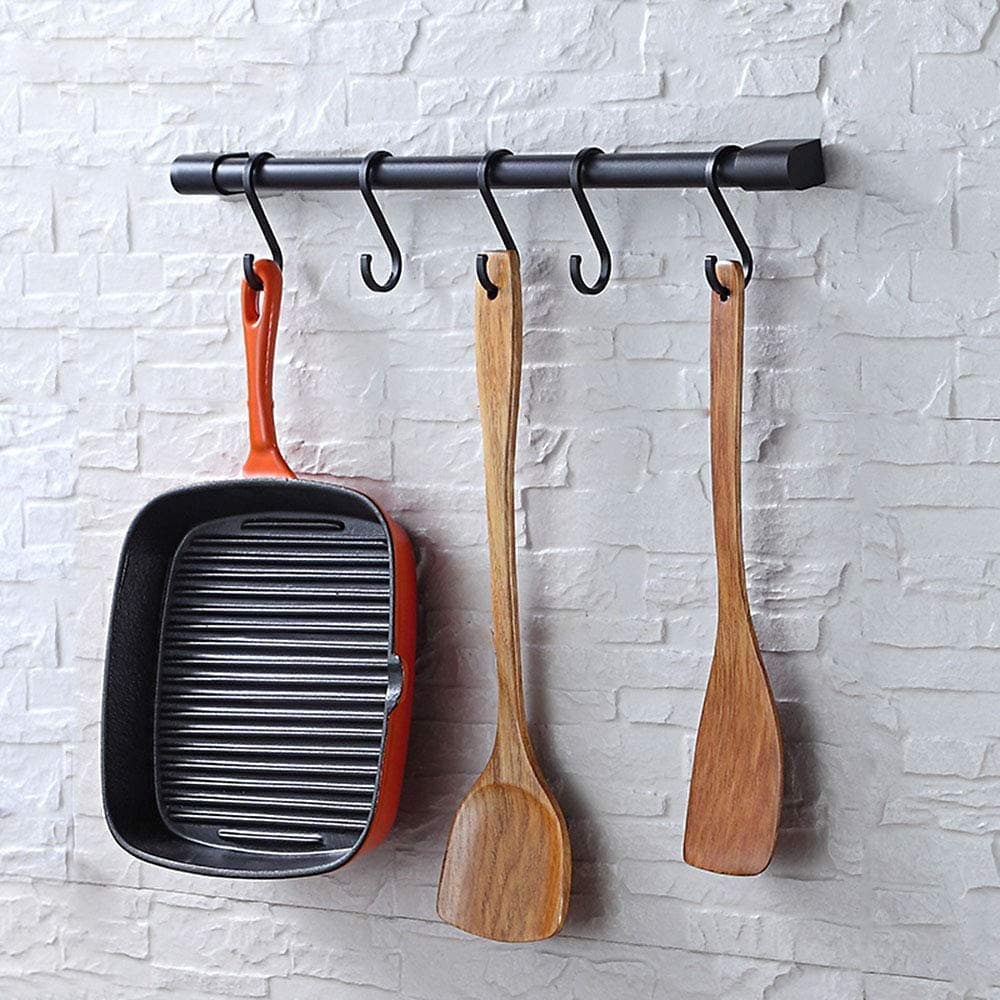 KAIYING Kitchen Utensil Rack with Removable S Hooks, Pot and Pan Hanging Rack, Rod Hooks for Mugs, Pot & Pan Racks, Wall Mounted Kitchen Utensil Rail Organizer, Aluminum,(Black-5 Hooks)