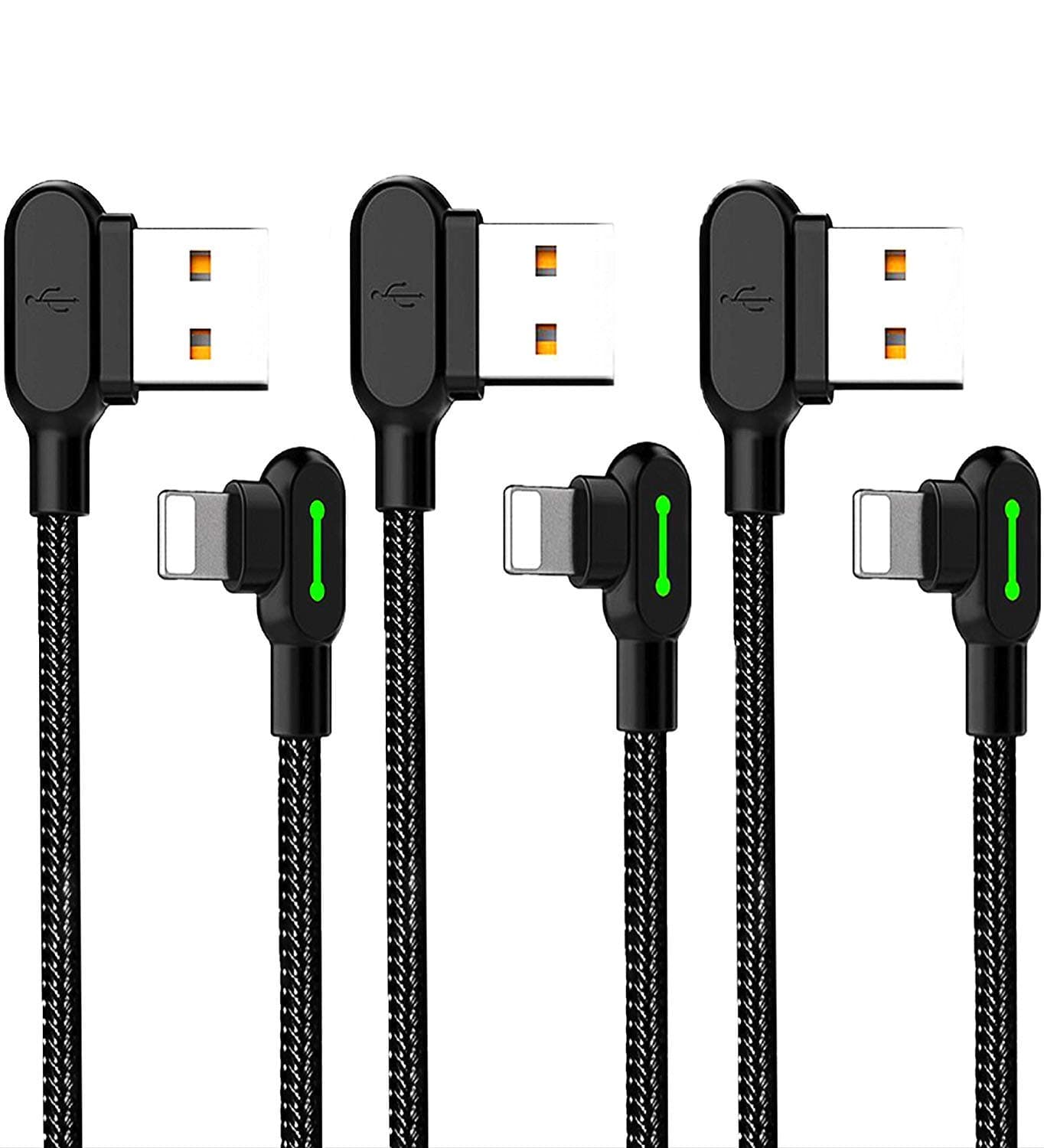 USB 90 Degree Right Angle Design Gaming LED 10FT/3M Nylon Braided Sync Charge Double Size USB Reversible Data Cable Compatible iPhone 14/13/12/11 Pro Max (3 Pack Black, 10FT)