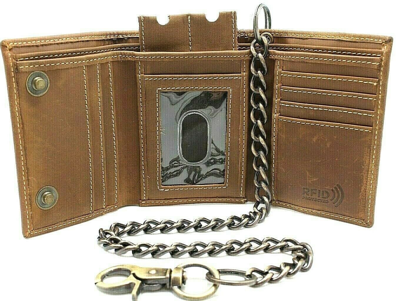 RFID Blocking Mens Tri-fold Wallet Vintage Style Cowhide Leather Chain Wallet (J112, Rustic Brown)