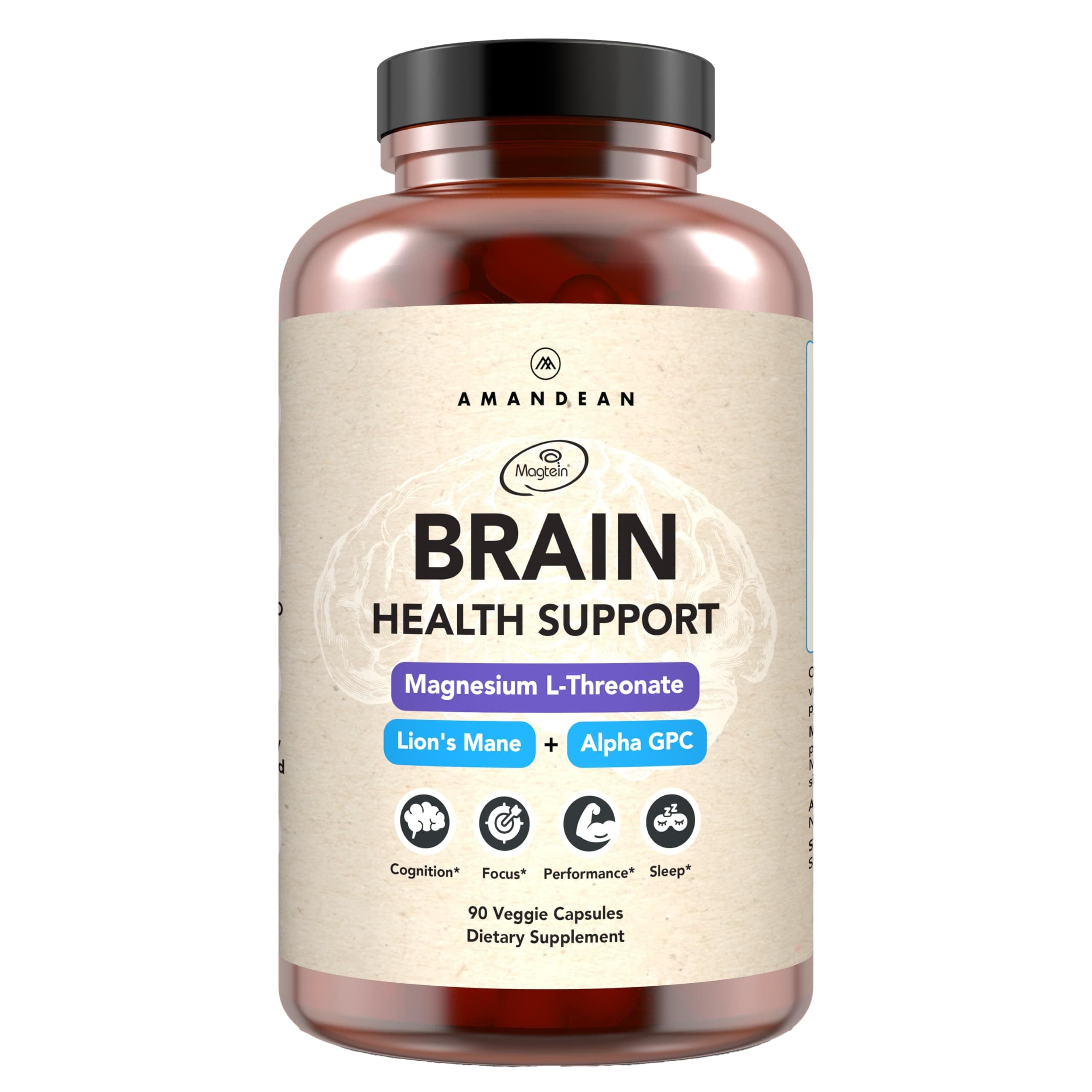 AMANDEAN Brain Supplement for Memory and Focus, Mental Clarity, Cognitive Function. Nootropic with Magnesium L-Threonate (Magtein), Lions Mane and Alpha GPC - (90 Veggie Capsules)