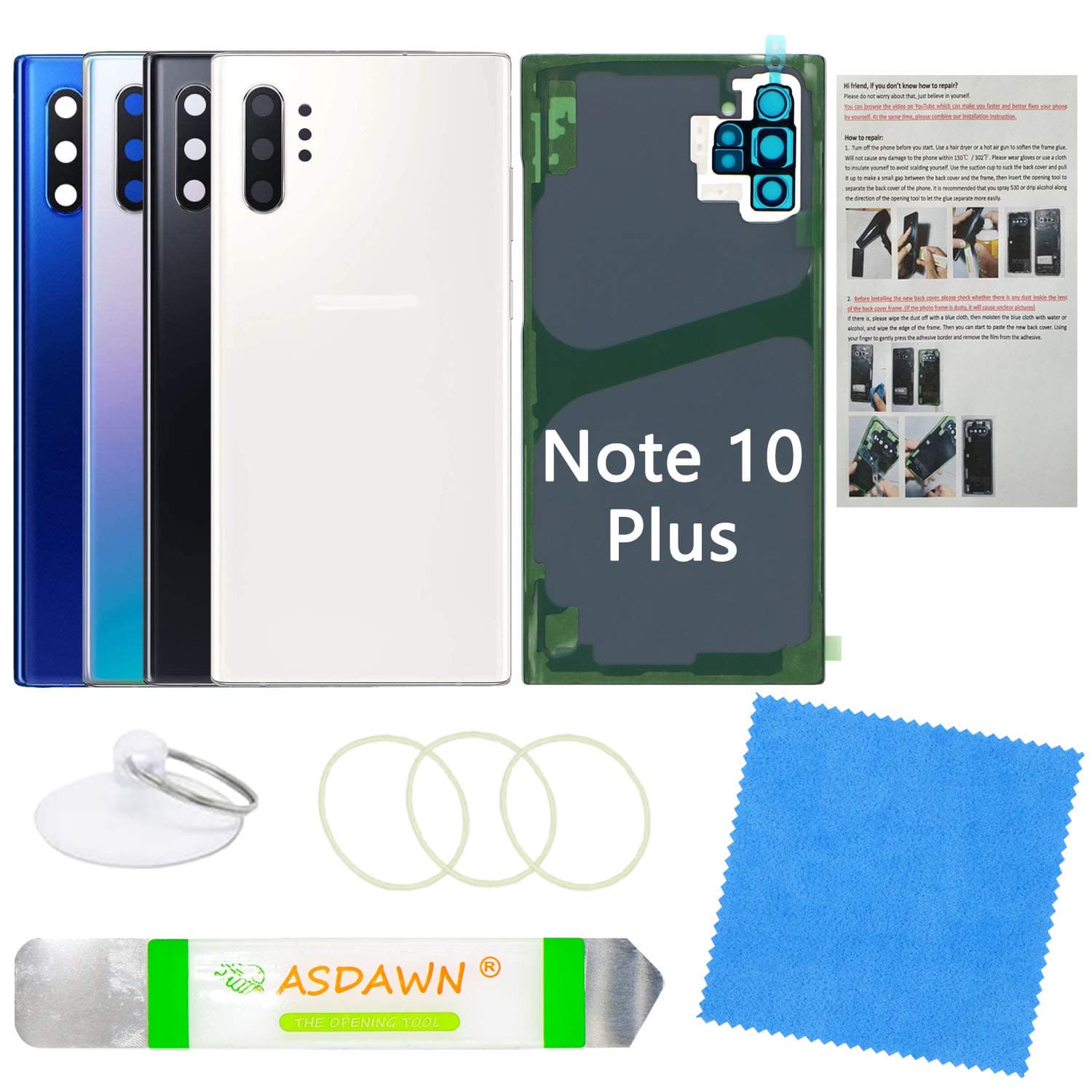 Galaxy Note 10+ Plus Back Glass Cover Replacement Housing Door w/Pre-Installed Camera Lens+Installation Manual+All The Adhesive+Tools for Samsung Galaxy Note 10 Plus SM-N975 All Carriers(Aura White)