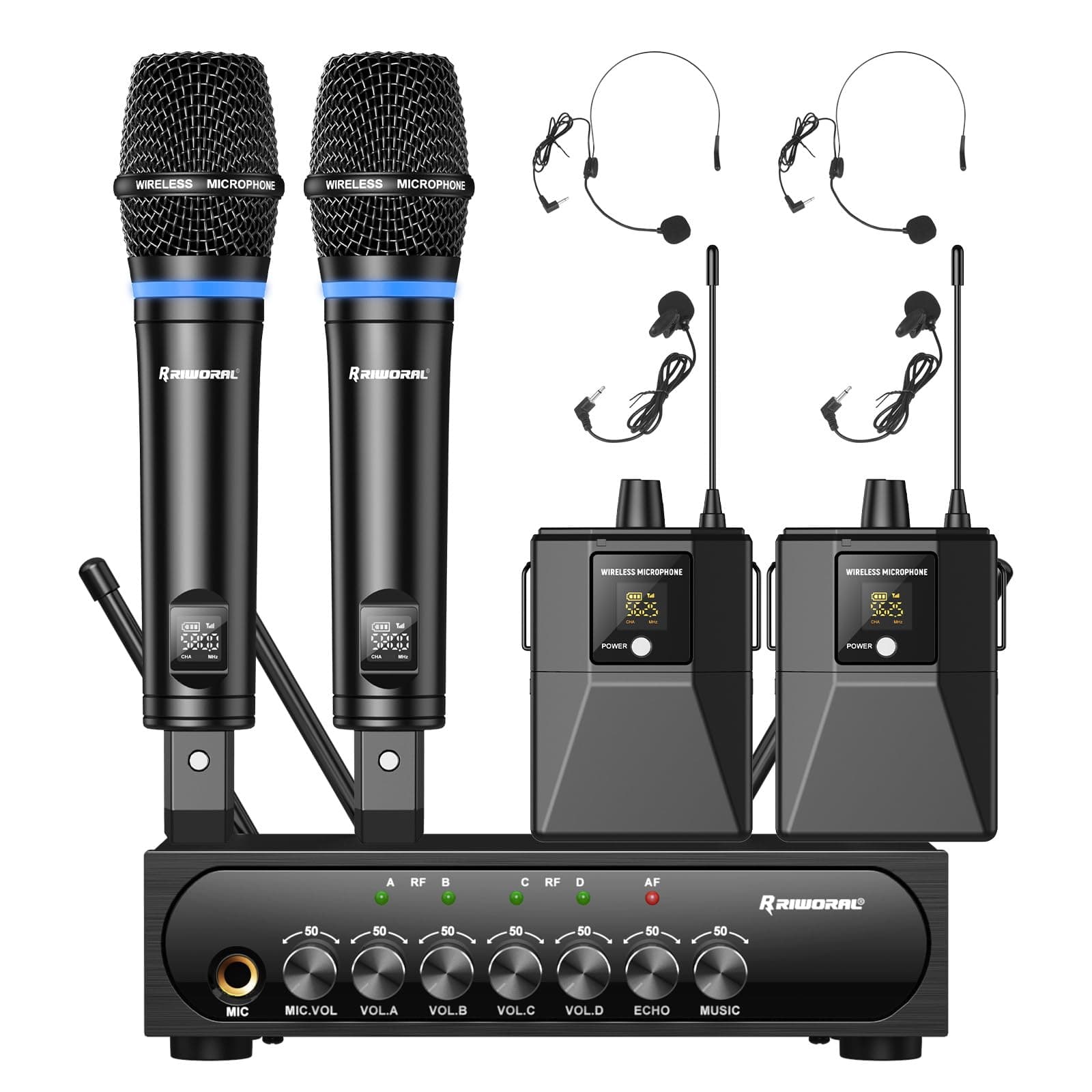 4 Channel UHF Wireless Mic Set with Handheld/Bodypack/Headset/Lapel Mics with Bluetooth Receiver Box + Volume Control Echo for Karaoke PA DJ Party (Wireless Microphone System)