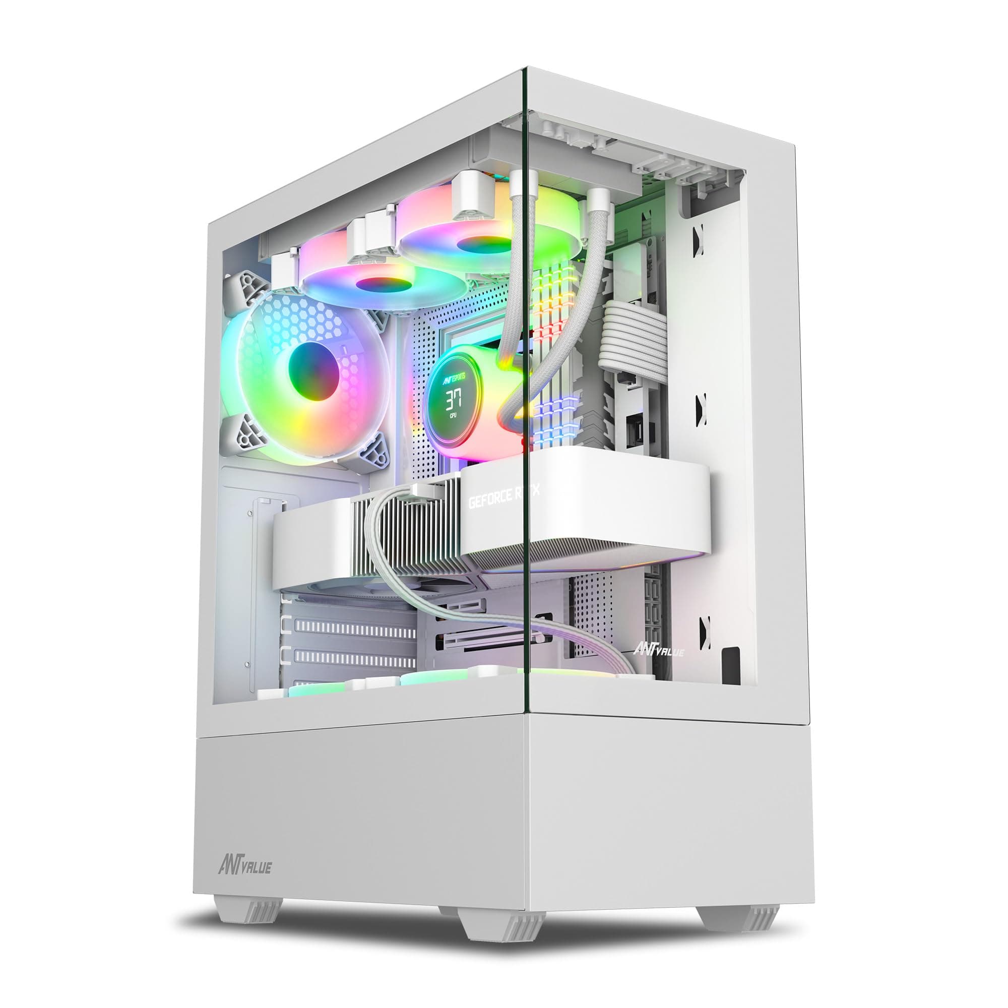 Ant Value Tempered_Glass CV100 Mid-Tower Computer Case/Gaming Cabinet Â– White | Support ATX, M-ATX, ITX | Pre-Installed 2 Top & 1 Rear Rainbow Fans