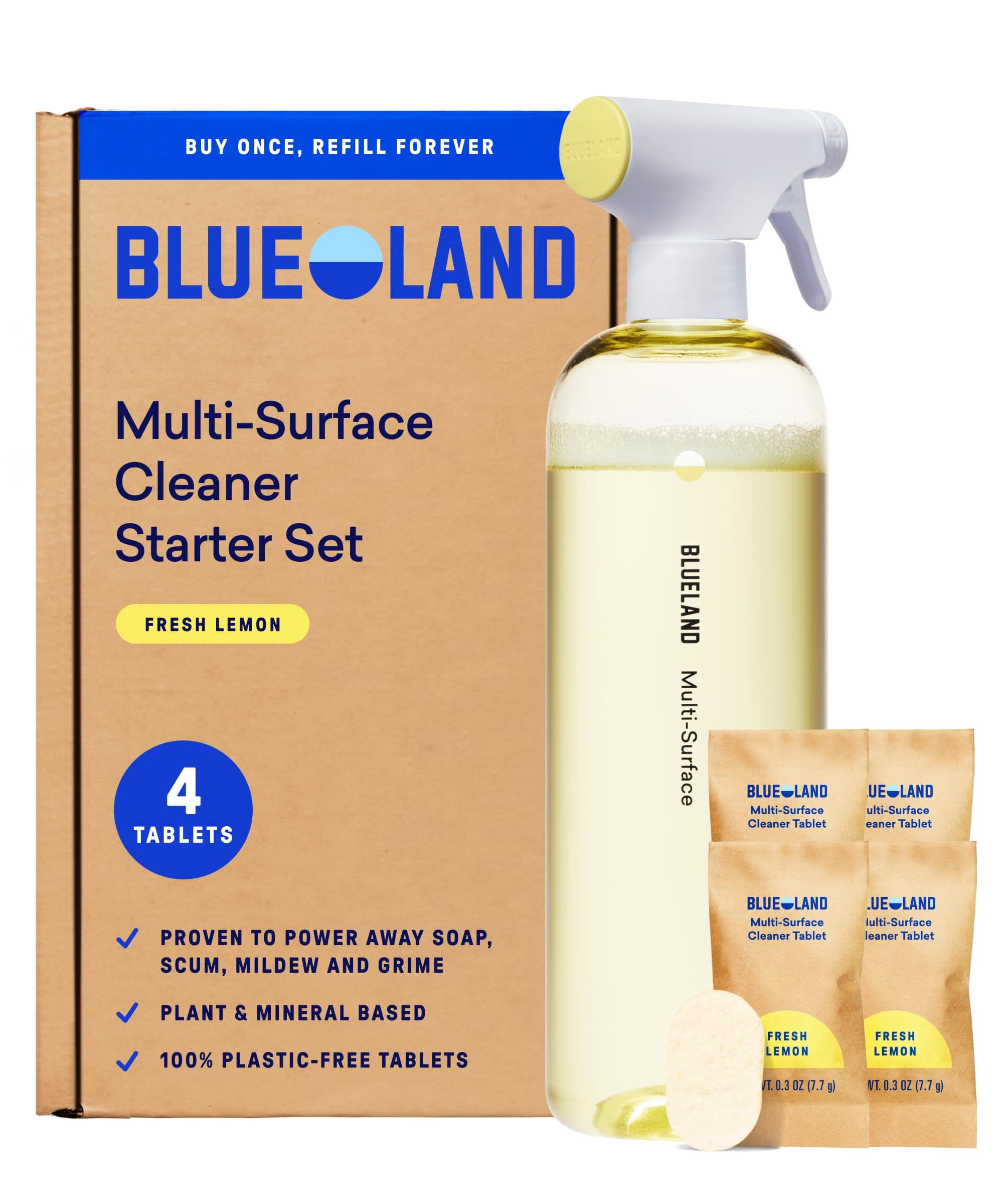 Multi-surface Cleaner, Starter Set, Fresh Lemon Scent, Spray Bottle with 4 Refill Tablets, All-Purpose, Eco-Friendly Cleaning Supplies, 4 x 24 Fl oz