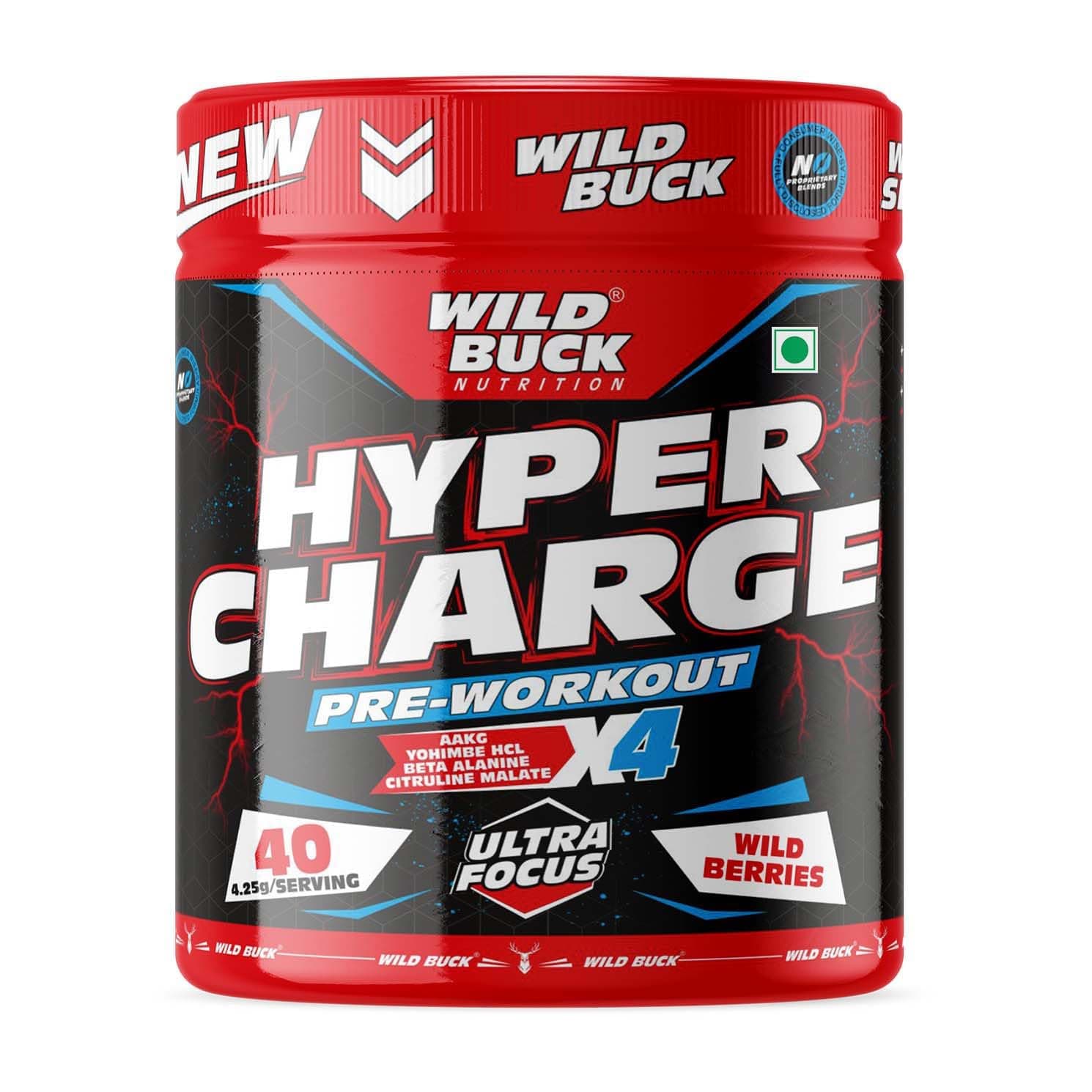 WILD BUCK Hyper Charge Pre-X4 Hardcore Pre-Workout Supplement Powder With Creatine Monohydrate,Arginine Aakg,Beta-Alanine,Muscle Pump,Caffeinated Punch - [Wild Berries],1 Count,40 Servings