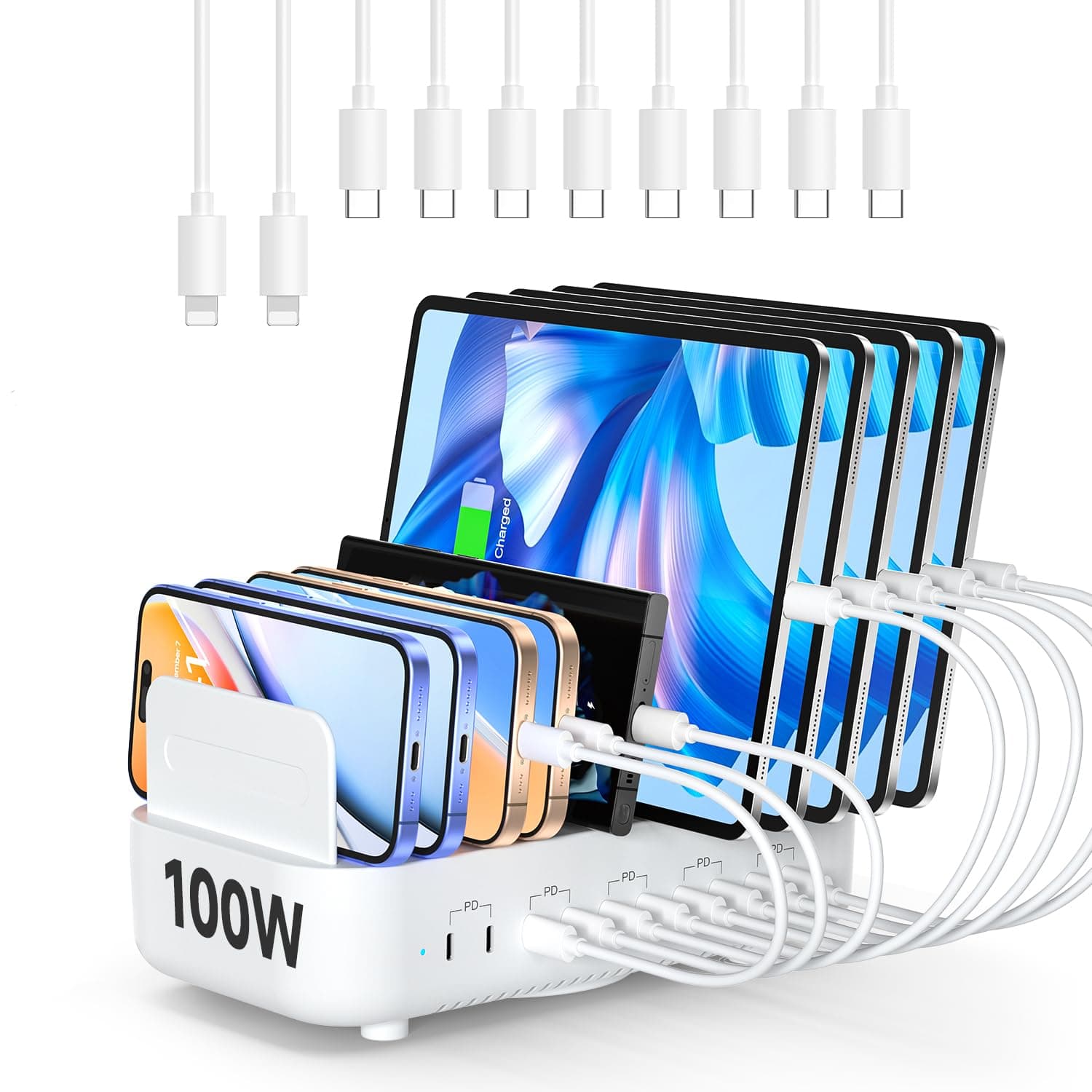 SooPii USB C Multi Charging Station,100W 10-Port Type C Fast Charger Station for Multiple Devices,10 Mixed Charging Cables Include,Charger Organizer for Phone,Tablet,Kindle and more(White)