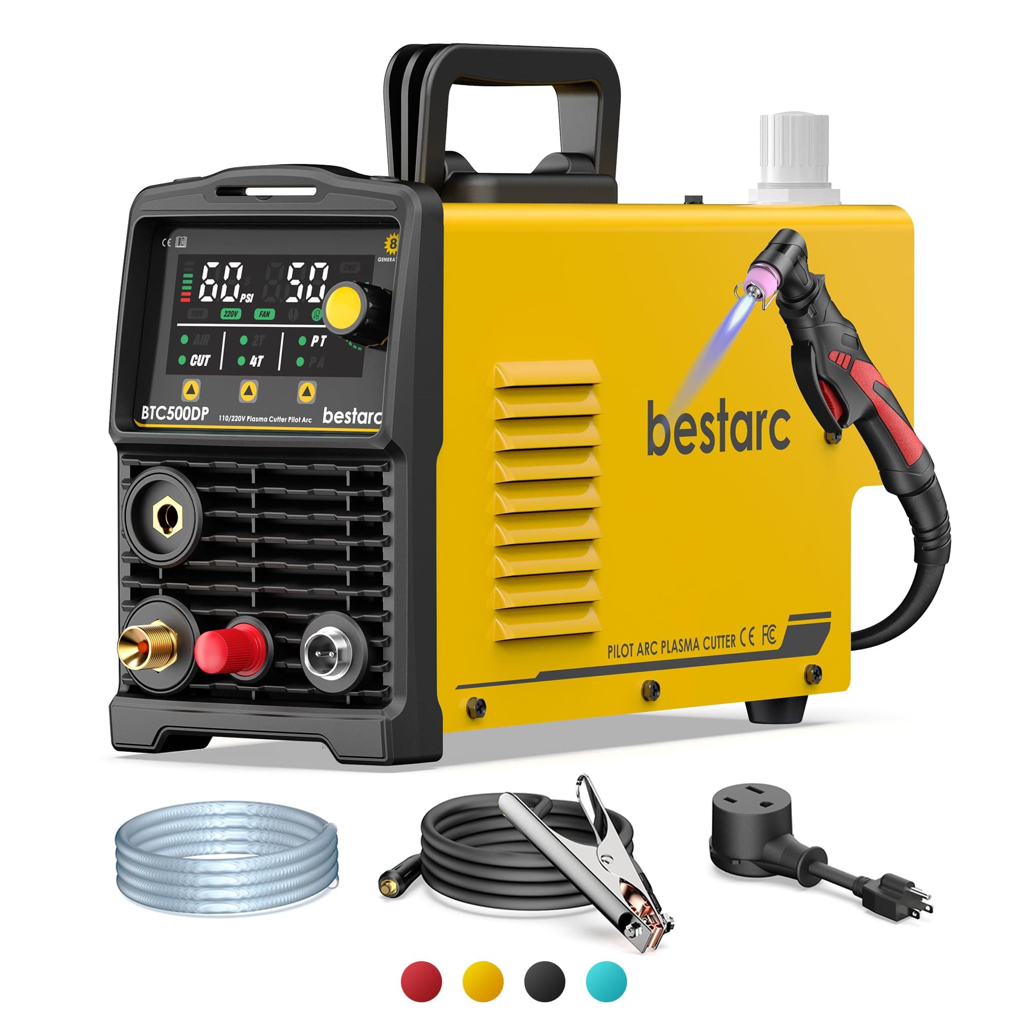 bestarc Pilot Arc Plasma Cutter, [LED Display][Air Sensor] 50A Plasma Cutter Machine 110/220V Dual Voltage, 1/2'' Clean Cut 3/4 Inch Max Cut, Post Flow Mesh, 2T/4T for Beginners DIY, Yellow