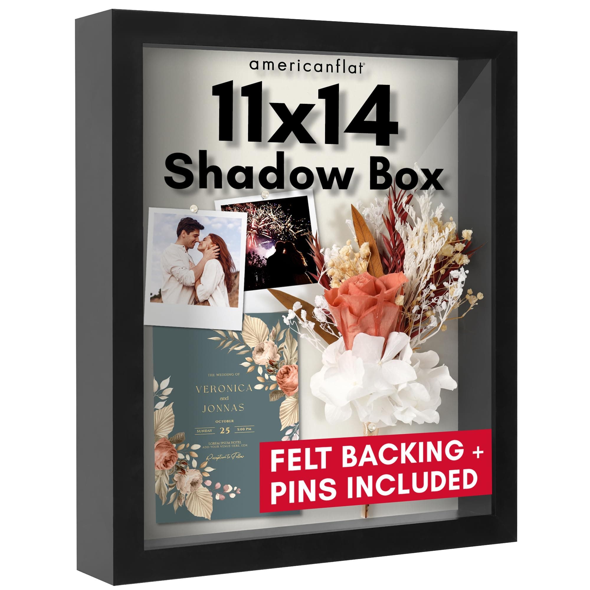 11x14 Shadow Box Frame in Black with Soft Linen Back - Engineered Wood with Shatter-Resistant Glass, and Hanging Hardware for Wall and Tabletop Display