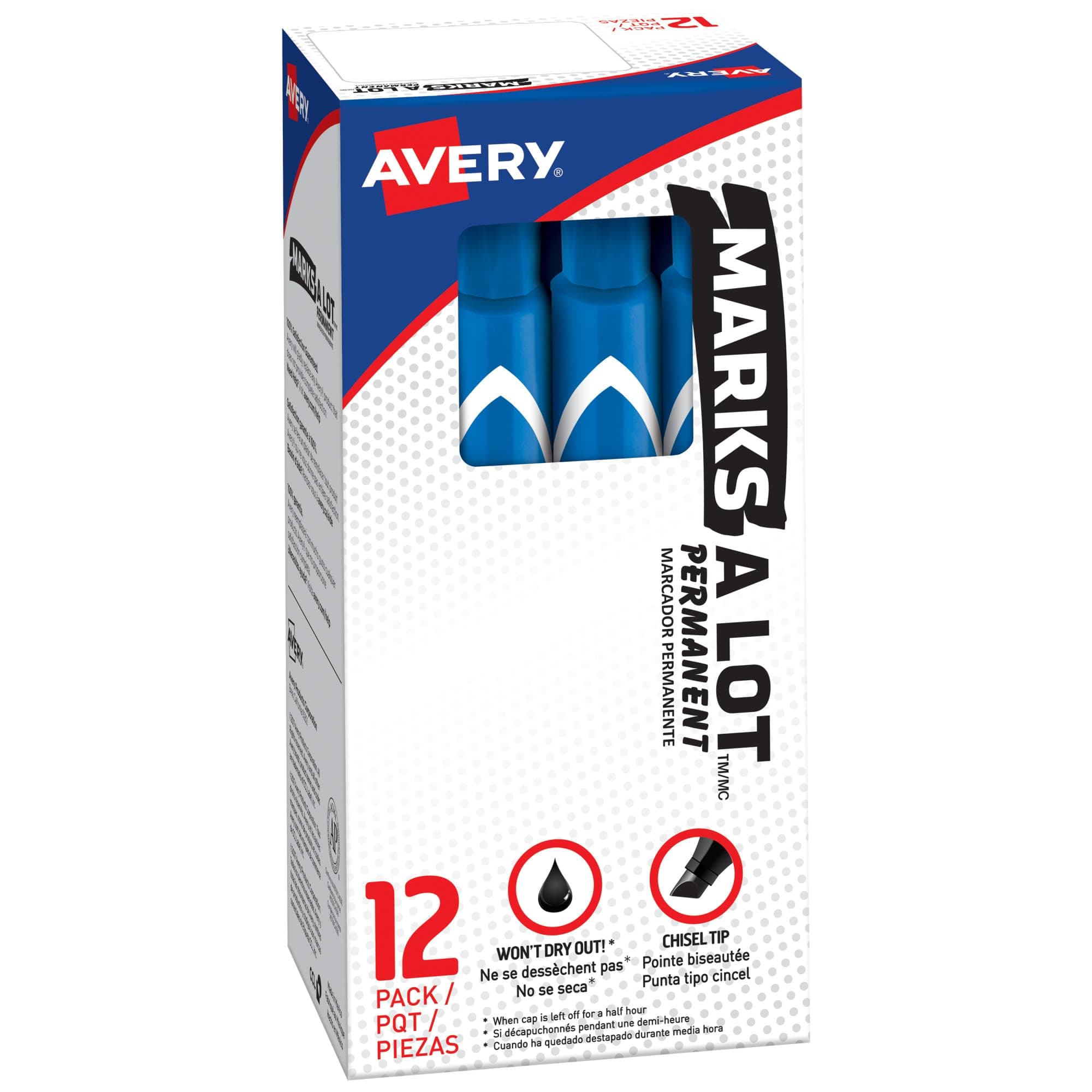 Avery Marks-A-Lot Permanent Markers, Large Desk-Style Size, Chisel Tip, Water and Wear Resistant, 12 Blue Markers (08886)