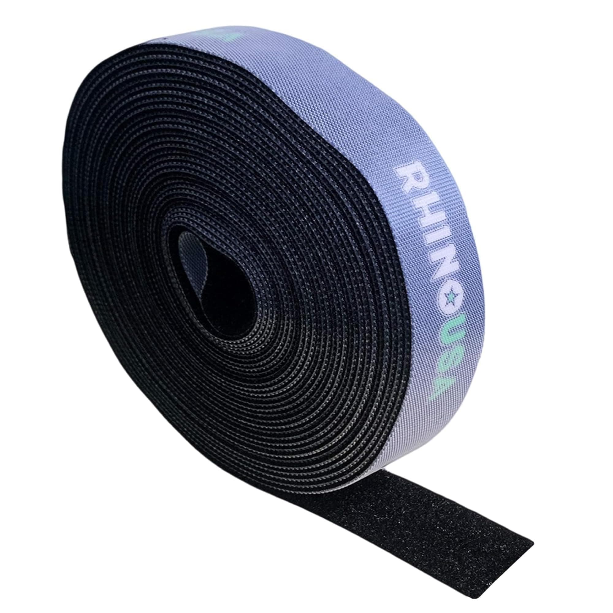Rhino USA Hook and Loop Tape Roll – Heavy Duty Reusable Non-Adhesive Interlocking Fastener for Straps Cords & Gear Organization – 2.5cm x 7.6m - Black