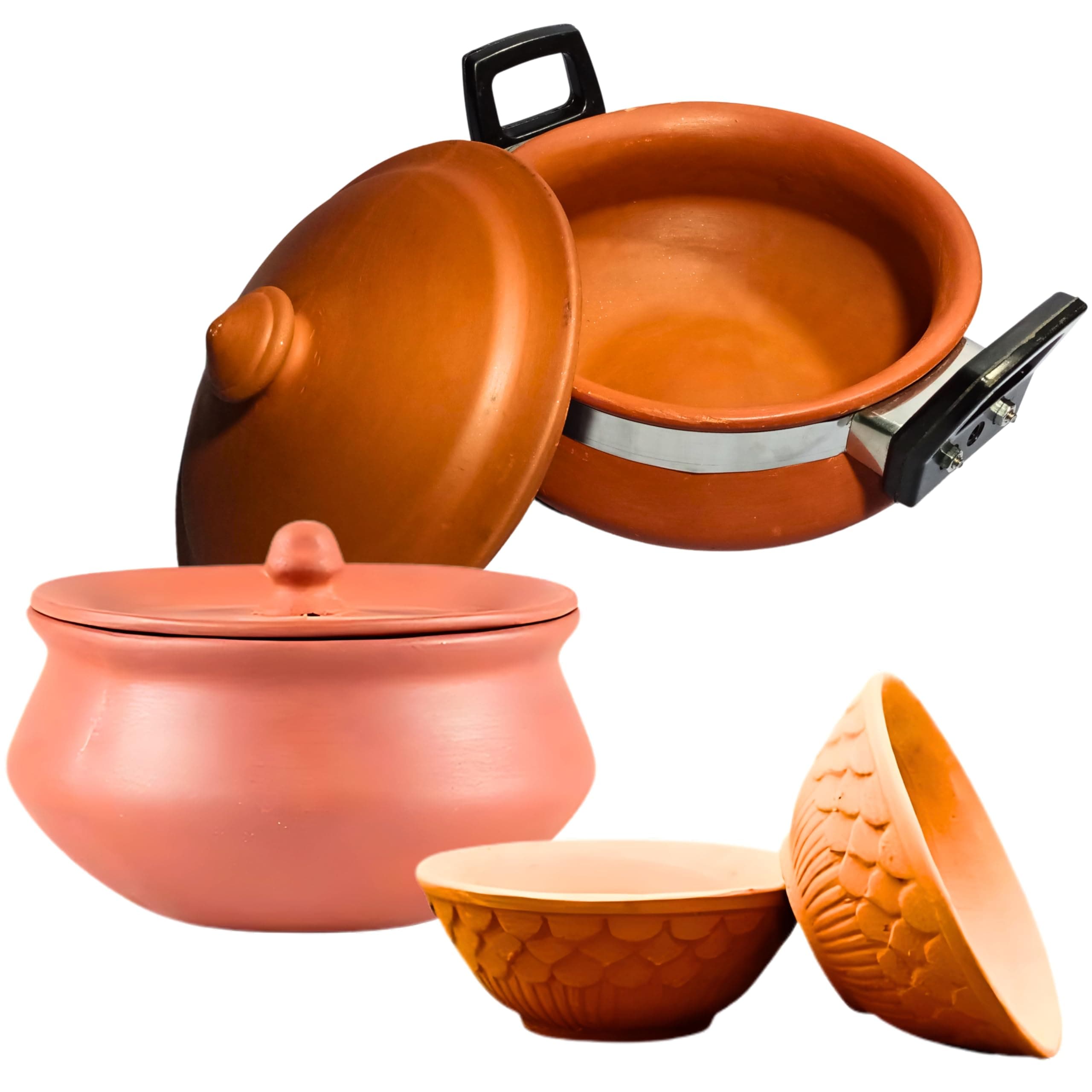 Made in India Clay Cooking Handi Set, 2 Ltr Handi, 500Ml Dahi Handi, 2 Clay Bowls | Exclusive Range Unglazed Clay Handi/Clay Pot for Cooking & Serving with Lid | Earthen Kadai,Brown