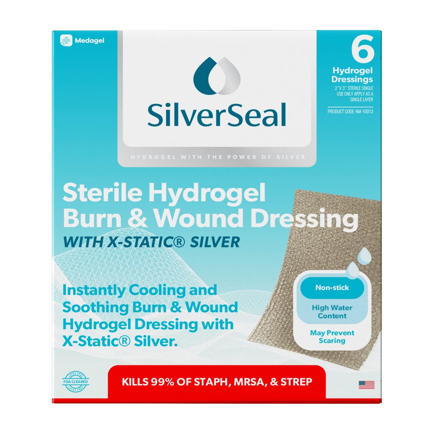 Medagel SilverSeal Burn and Wound Dressing, Hydrogel Pads with X-Static Silver, Soothing, Moist & Protective for Burns, Cuts & Wounds, 2" x 3" Sterile Dressings, 6 Count