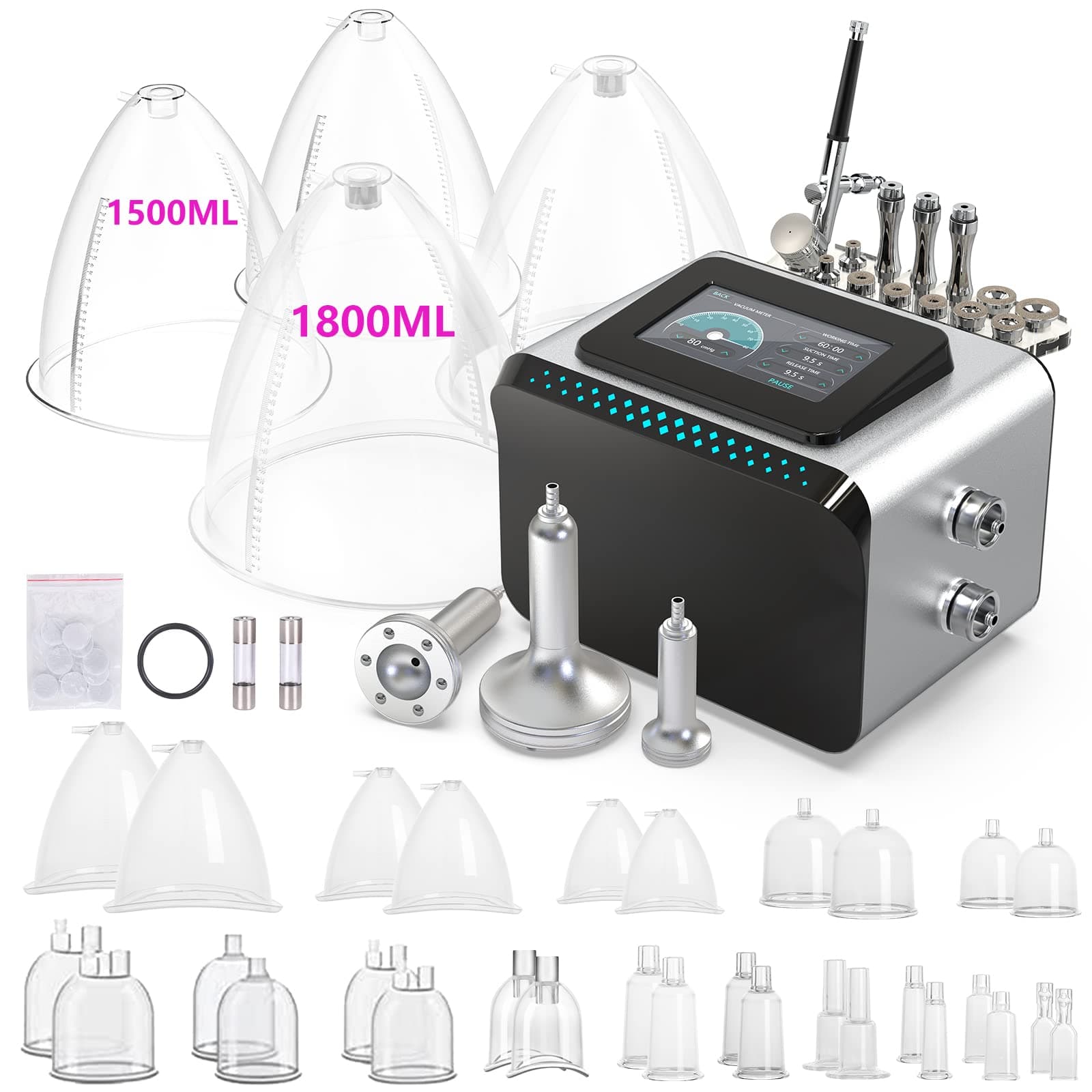 Vacuum Therapy Machine, 3 in 1 Mutilfunction Cupping Therapy Sets, Professional Facial Skin Care Machine with Spray Gun Beauty Deviece for Salon/Home Use (0-80 cmHg | 1800ML)