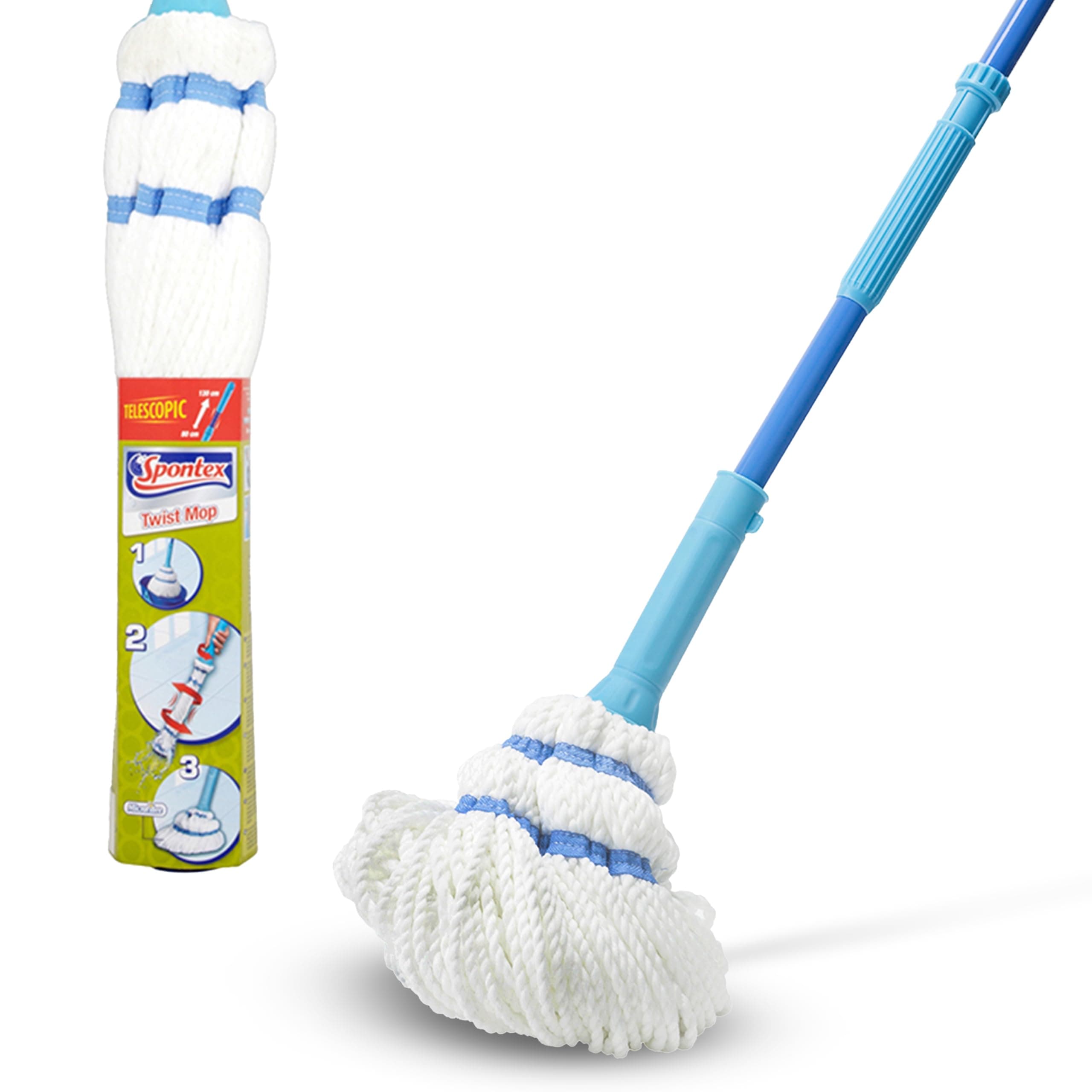 Spontex Twist Mop, Microfibre Mop with Built-In Self Wringing System, Non-Scratch Scourer Pad for Tough Stains, Cleans Laminate, Wood & Tile Flooring, Washable Mop Head