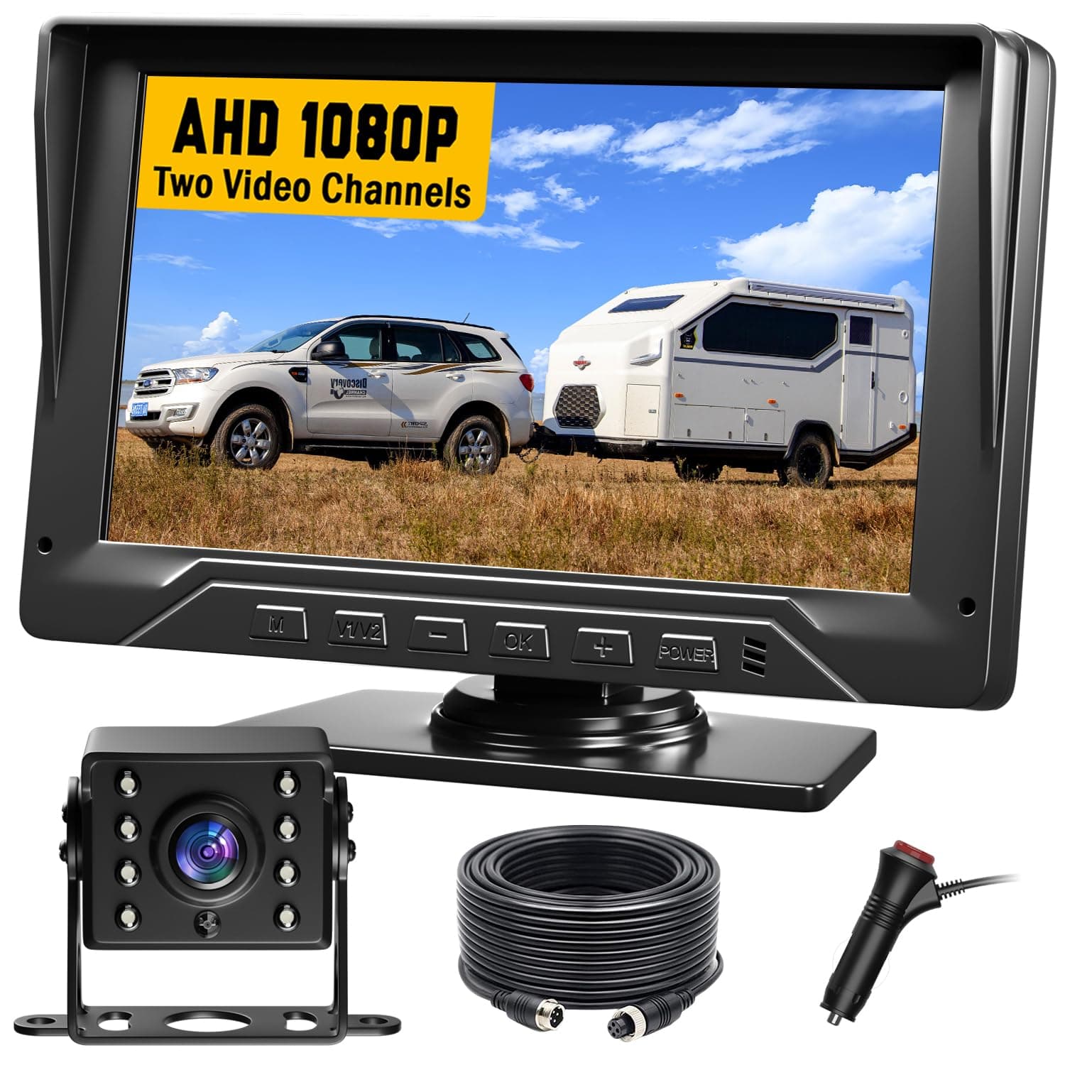 RV Backup Camera Plug and Play, 7'' Backup Camera for Truck Trailer, No Delay, 1080P HD, 2 Channels, 150° Wide Angle, DIY Guide Lines, Night Vision, IP69 Rear View Camera