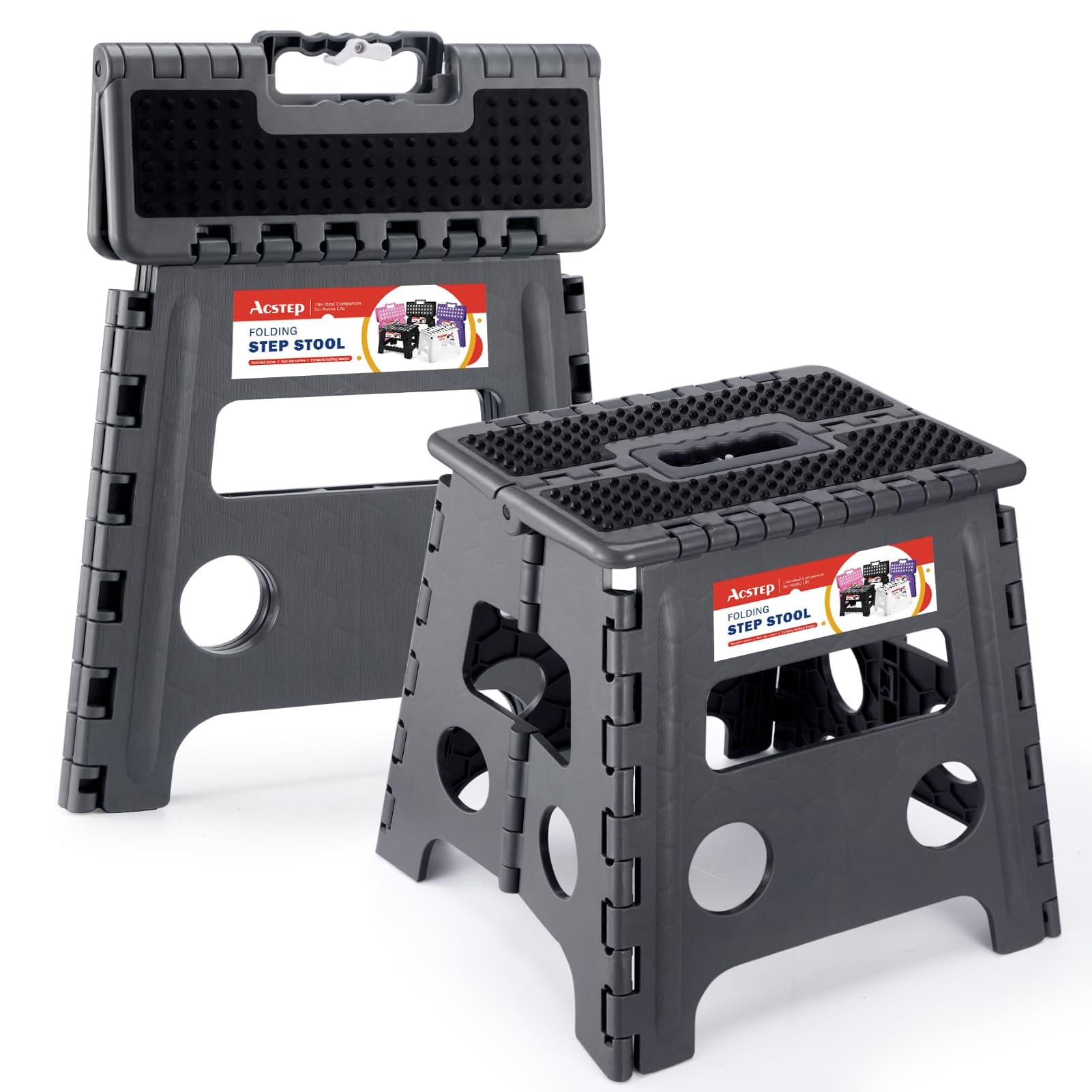 ACSTEP 13" Folding Step Stool- Holds up to 300Lb,The Lightweight Non-Slip Upgrade Collapsible Stepping Stool is Sturdy Enough to Support Adults and Safe Enough for Kids(Grey,1 Pack)