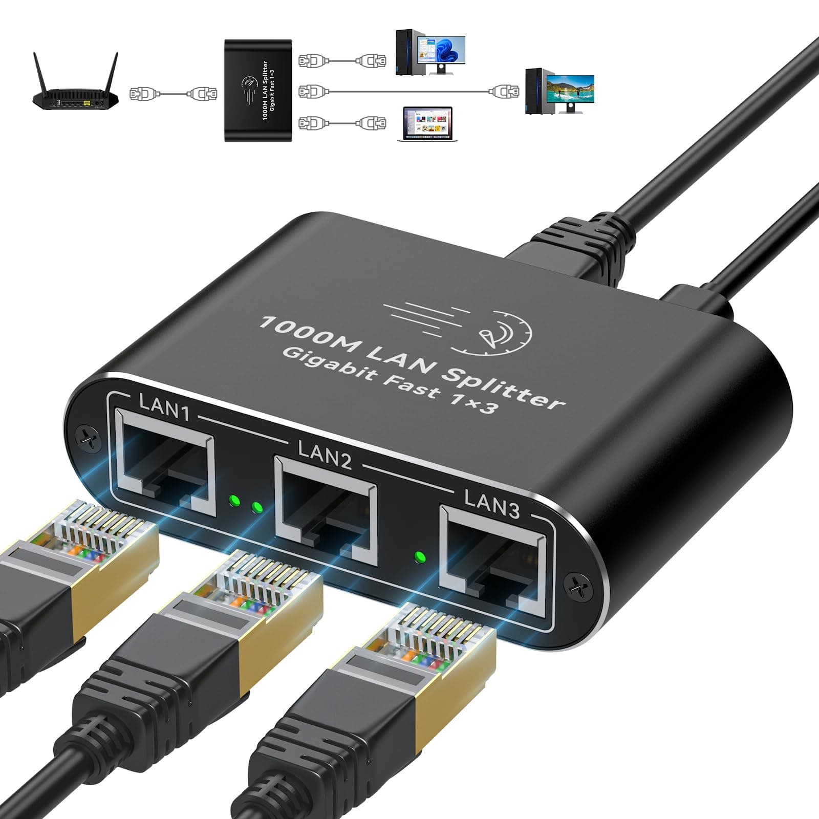Ethernet Splitter 1 to 3 1000Mbps Internet Cable Splitter 1 in 3 Out High Speed Either Network Splitter Gigabit Dual LAN RJ45 Port Router Switch Work with Cat6/7/8 Cable
