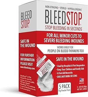 First Aid Powder for Blood Clotting, Trauma Kit, Blood Thinner Patients, Camping Safety, and Survival Equipment for Moderate to Severe Bleeding Wounds or Nosebleeds 5 Pack 15g
