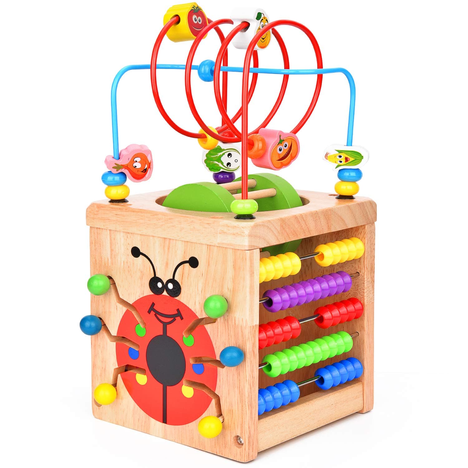 6 in 1 Wooden Activity Cube Bead Maze Multipurpose Educational Toy Wood Shape Color Sorter for Baby's & Toddlers