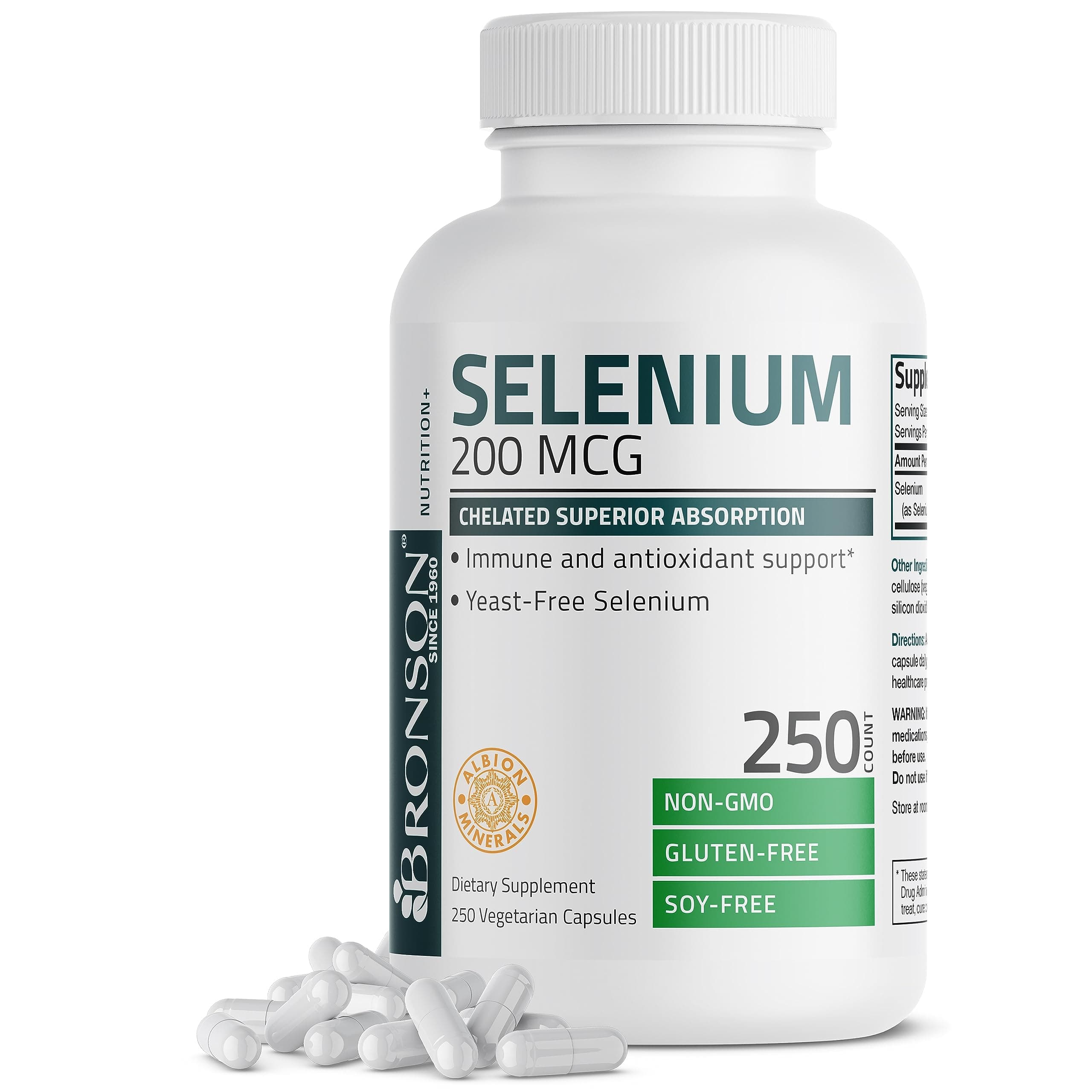 Selenium 200 mcg – Yeast Free Chelated Amino Acid Complex - Essential Trace Mineral with Superior Absorption, 250 Vegetarian Capsules