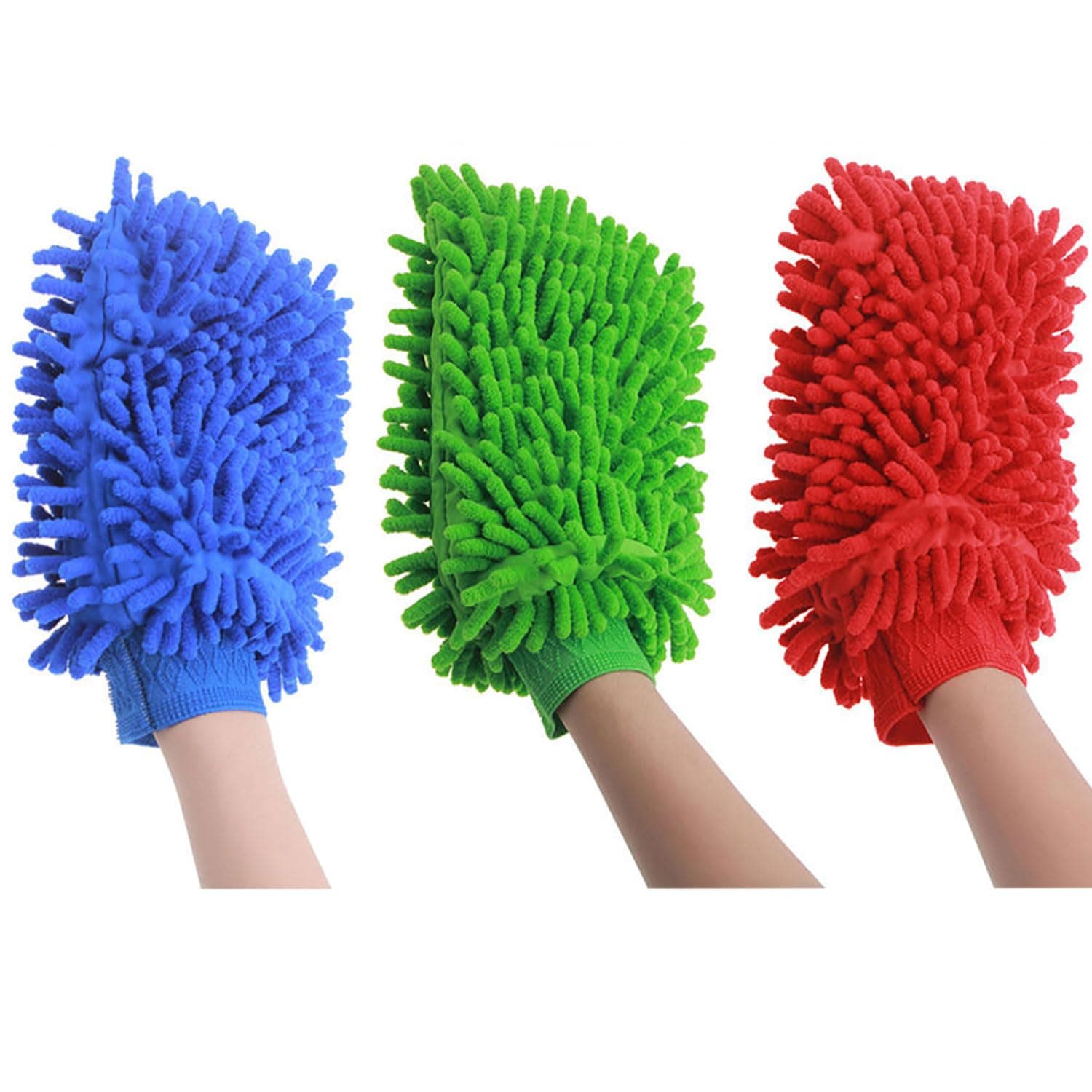 ALOUD CREATIONS 3 Pc Double Sided Microfiber Cleaning Gloves | Car Wash Mitt for Cleaning and Dusting | Chenille Mitt Cleaning Gloves | Extra Large, Professional Grade | Multi Colour