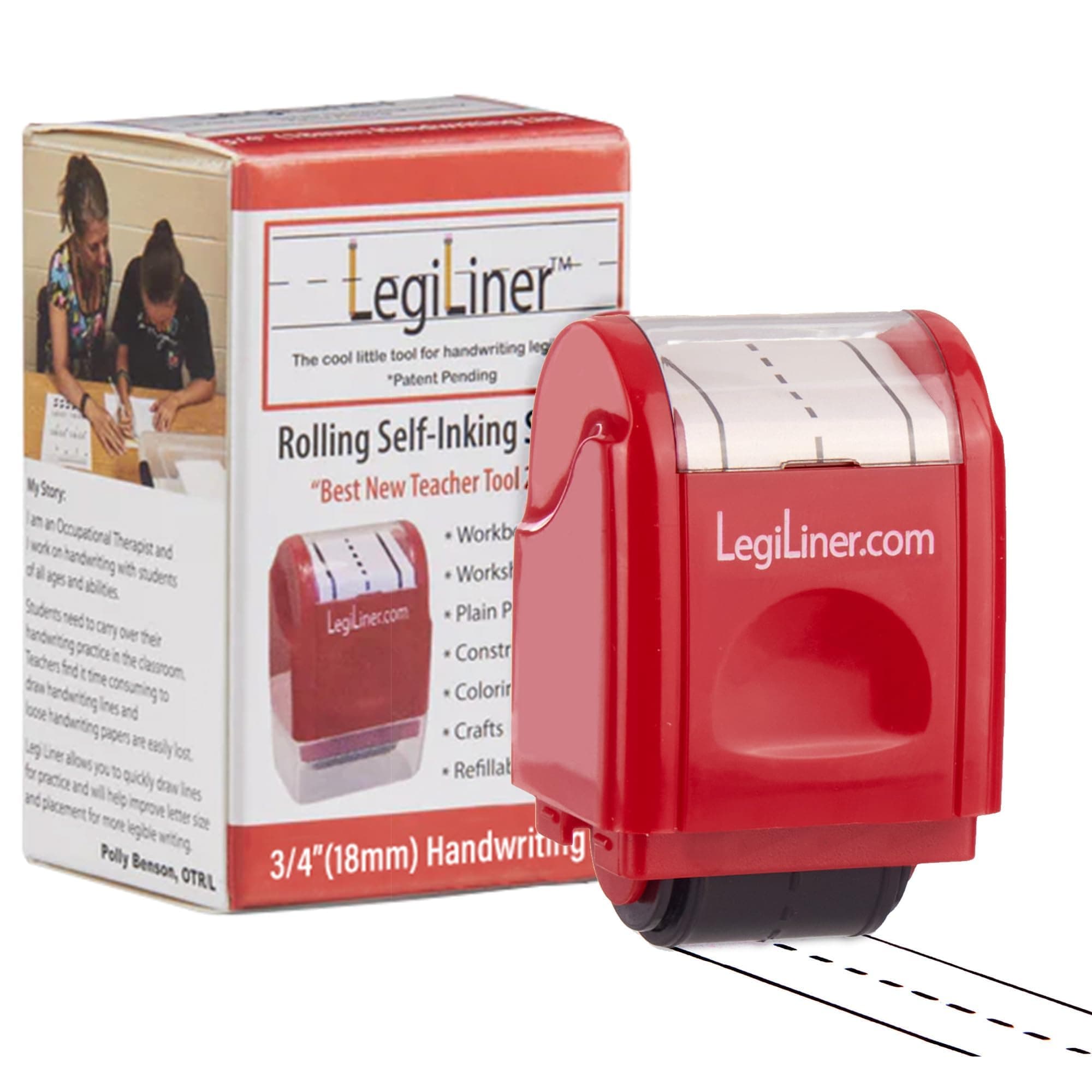 LEGILINER 3/4" Dashed Handwriting Line (RED) Teacher Stamp – Tri-Line Dashed Pattern. Classroom & Home Use. Refillable Ink Writing Practice Roller Stamp.