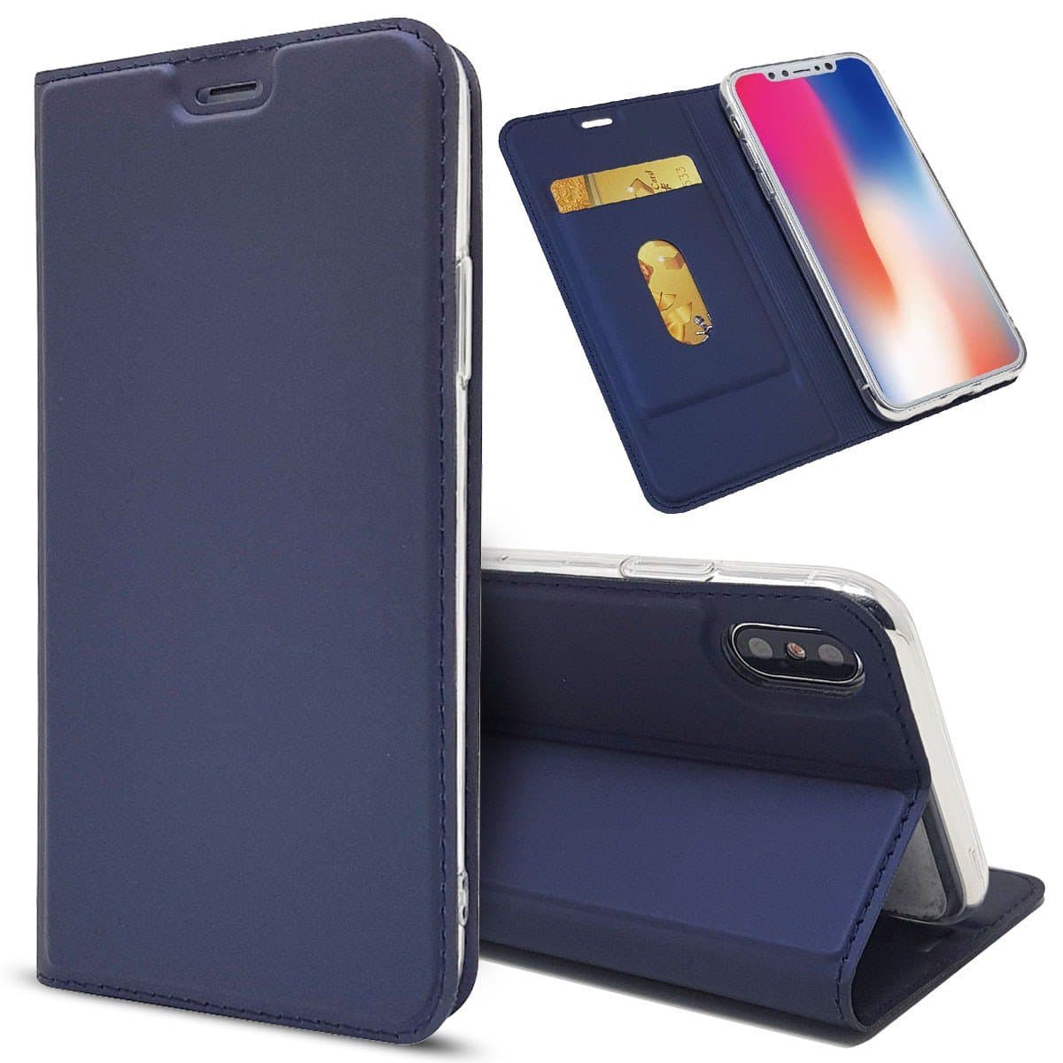 iPhone X Leather Wallet Case, FVBACK [Free 1-Pack Built-in Screen Protector] Classic Folio Case Book Design with Stand and ID Credit Card Slots, Magnetic Closure for iPhone X 2017 Blue
