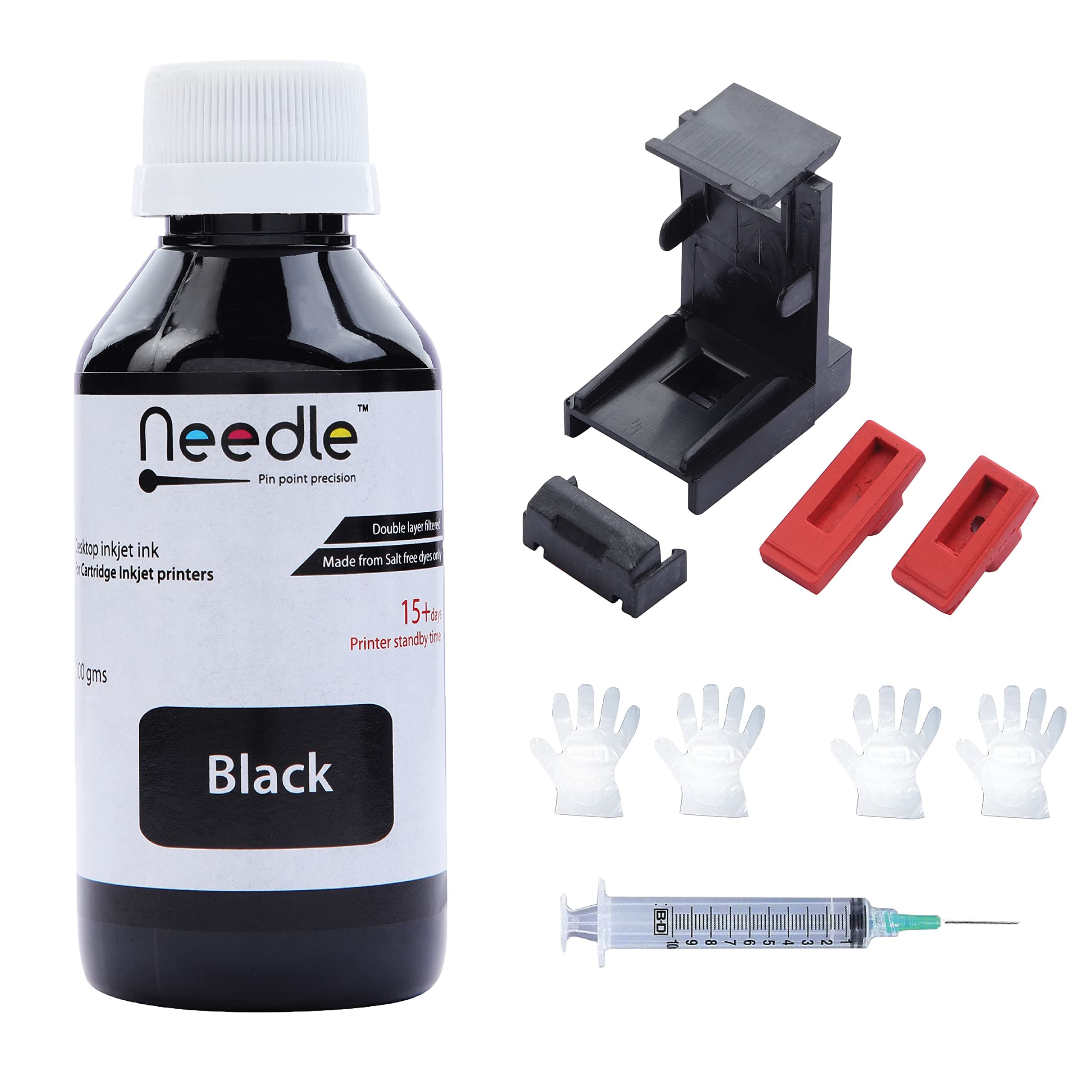needle ; Pin point precision Black Refill Kit with Suction Tool Combo Pack of High Yield Inkjet Cartridge Ink Refill Compatible for HP and Canon Cartridge Printers - 100ml Per Bottle (Black)